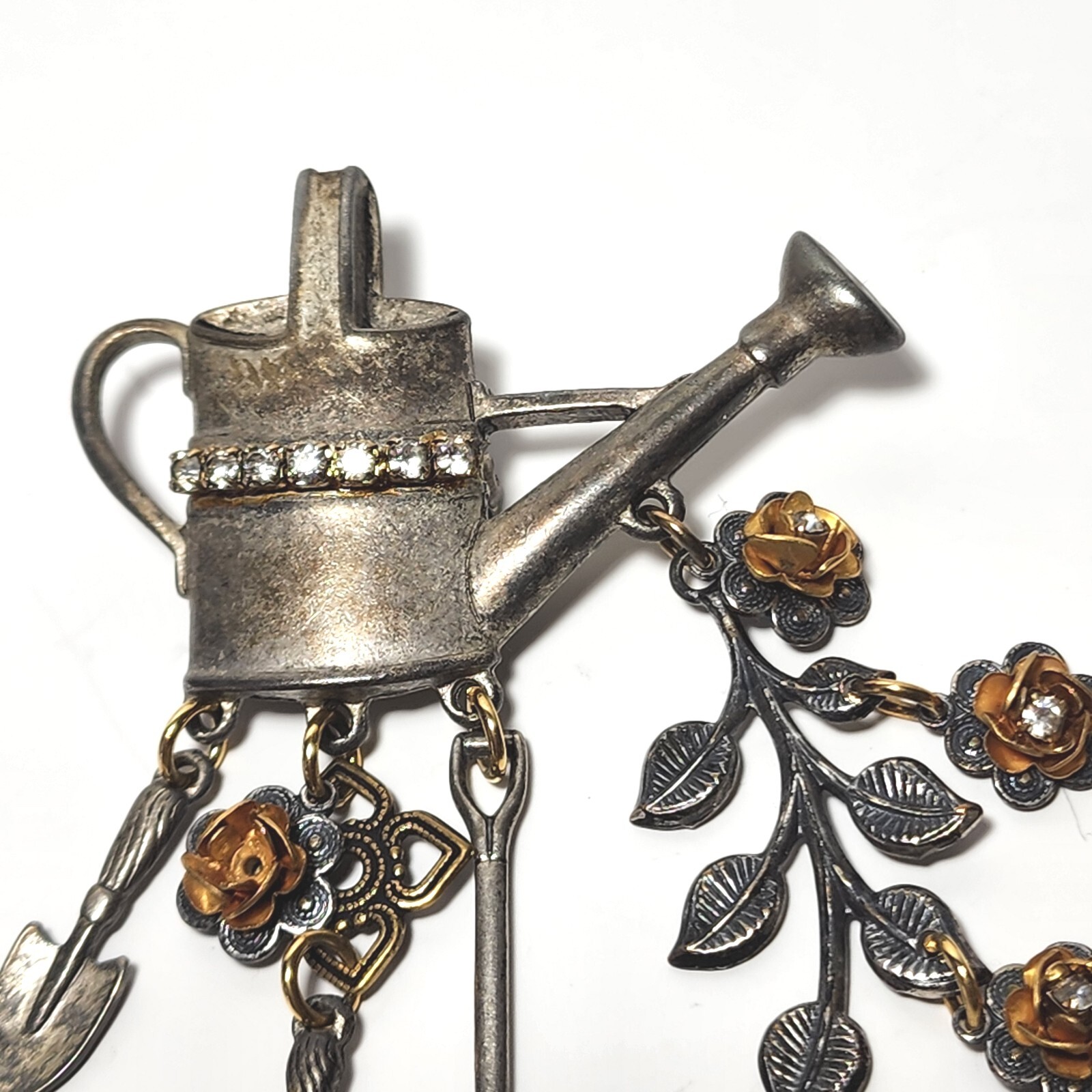 Vintage Jewelry Pewter Metal Garden Brooch Pin w Rhinestones & Gold Flowers