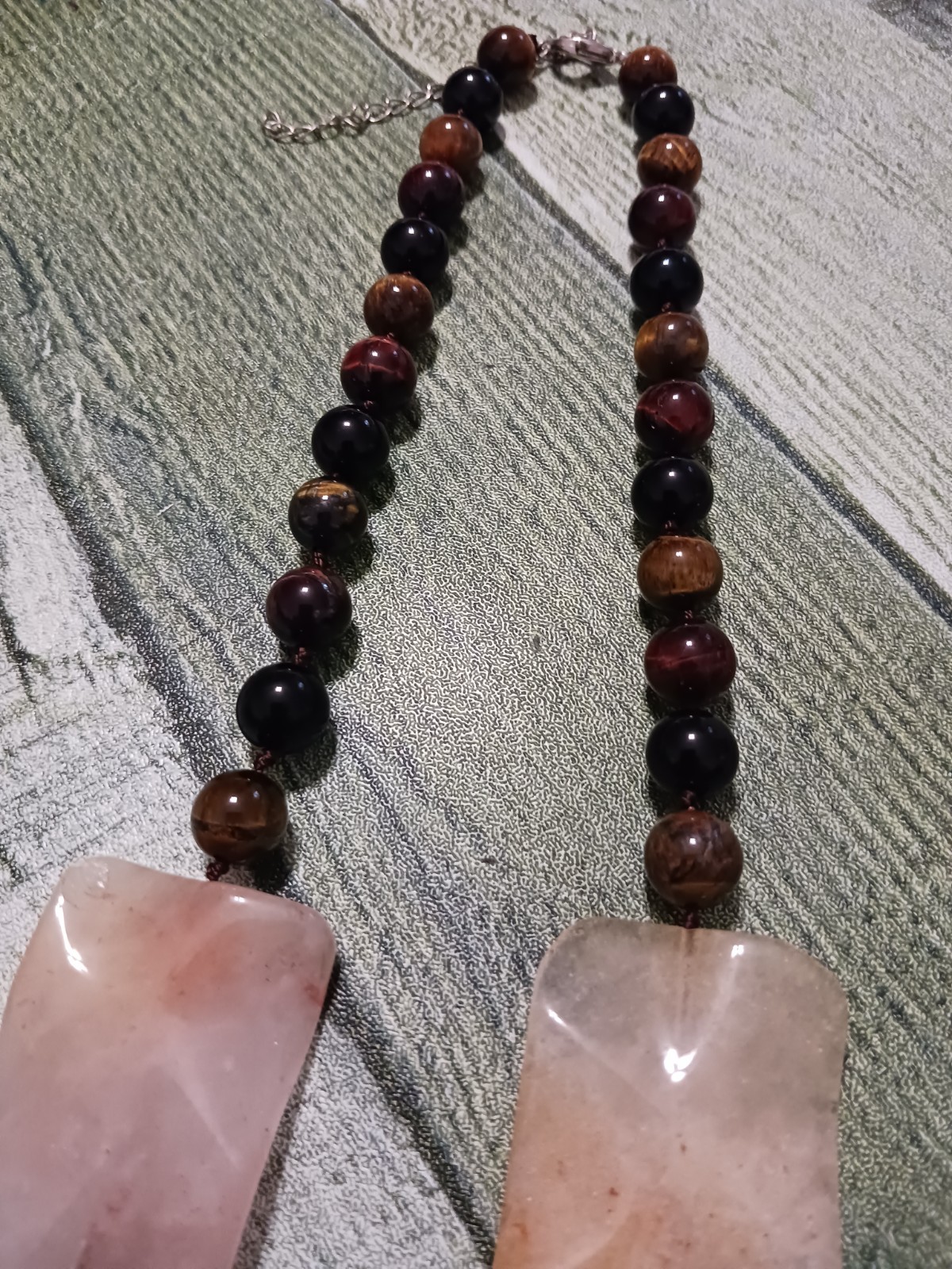 VINTAGE NATURAL YELLOW JADE TIGER’S EYE GEMSTONE NECKLACE 18K WHITE GOLD PLATED