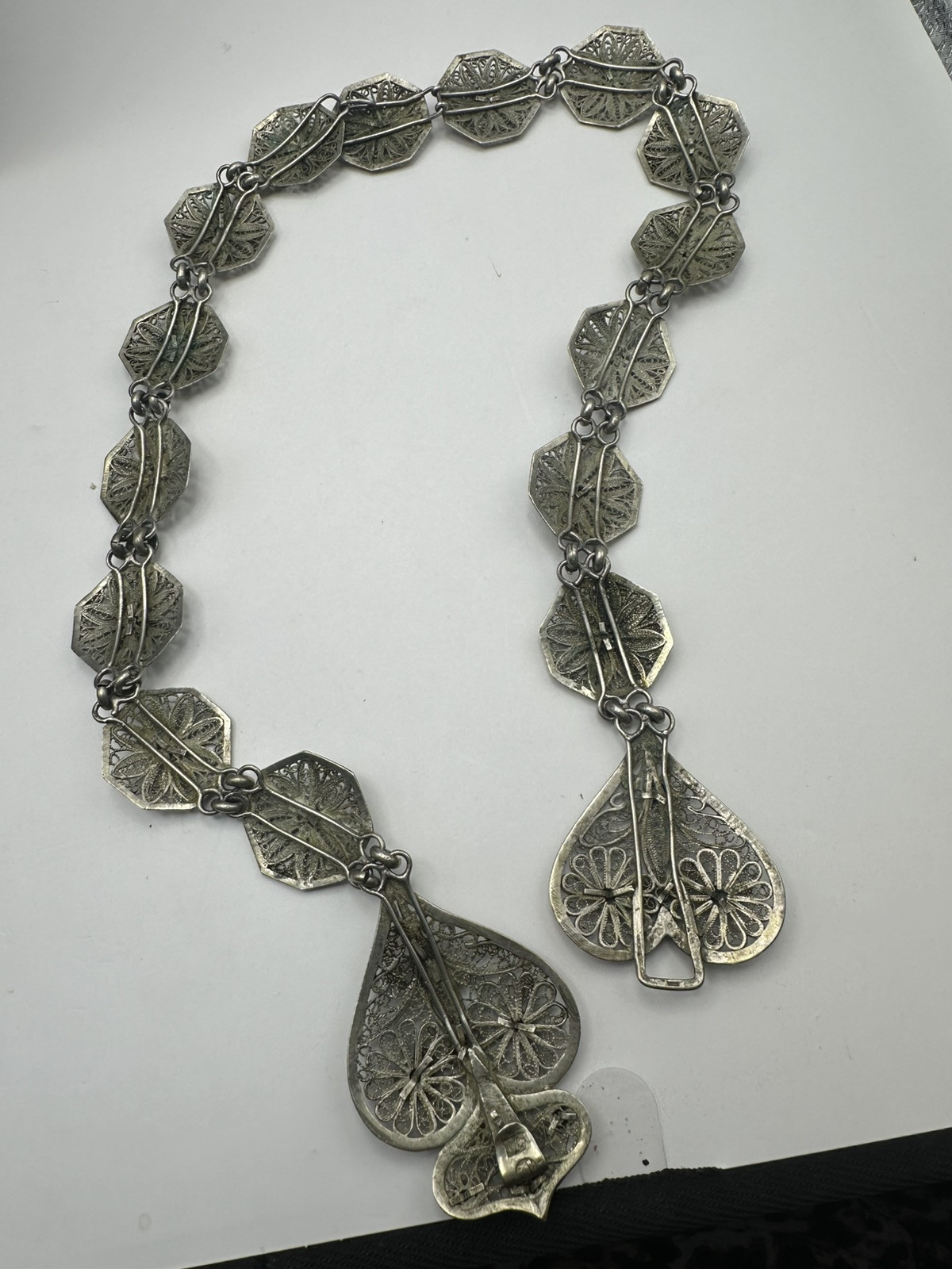 Antique 800 Silver Filigree Necklace Hearts Flowers Front Close English Hallmark