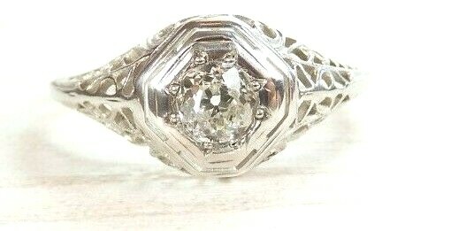 Antique Art Deco Engagement 18K White Gold Ring Size 6.5 UK-M1/2 EGL USA