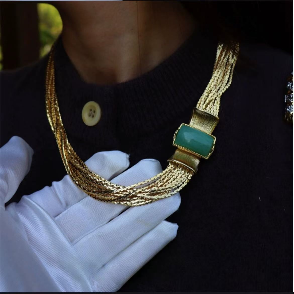 Vintage Style Gold Multi Chain Necklace & Bracelet Green Stone Statement Jewelry