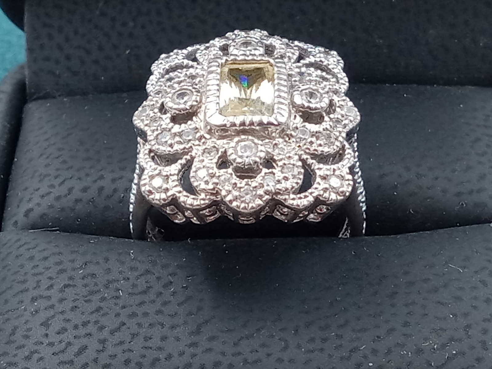 Fancy Sterling Silver Ring w. Intricate Setting Citrine & Cubic Zirconia: Size 7