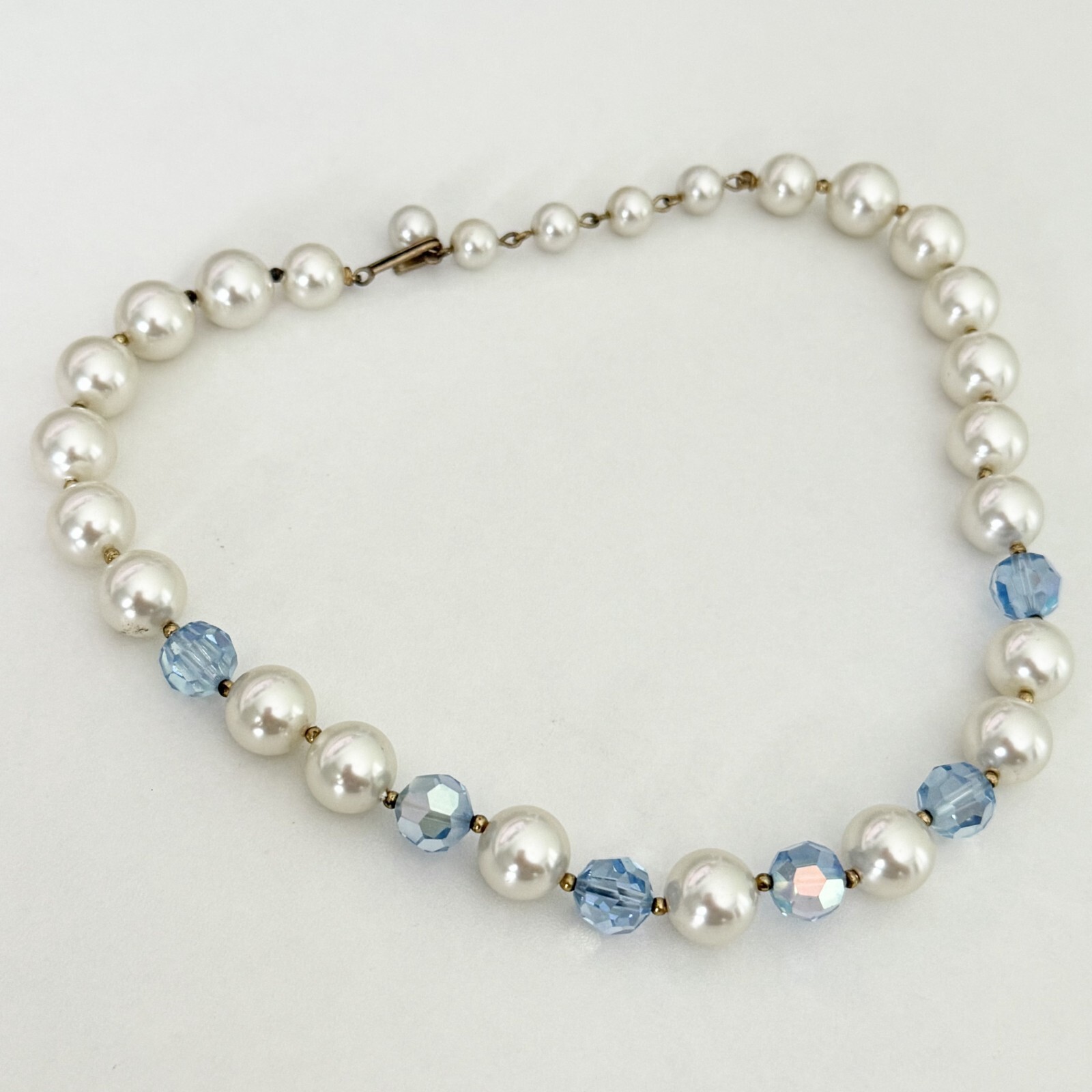 Vintage Blue AB Crystal Faux Pearl Acrylic Beaded Choker Necklace