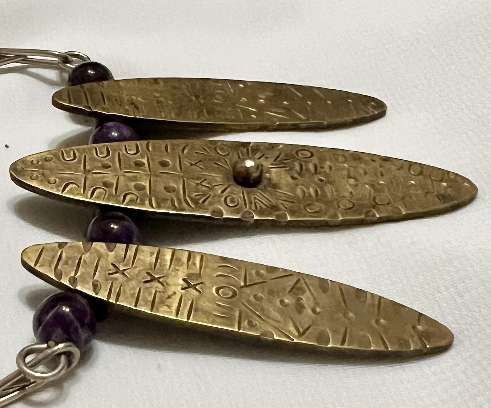 Abstract BRUTALIST Brass Metal AMETHYST BEAD PENDANT & Necklace Chain VINTAGE