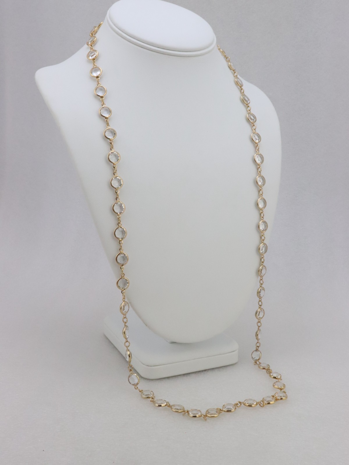 34″ Long 9mm Clear Crystal Bezel Rhinestone Necklace Signed AUSTRIAN USA Gold Tn