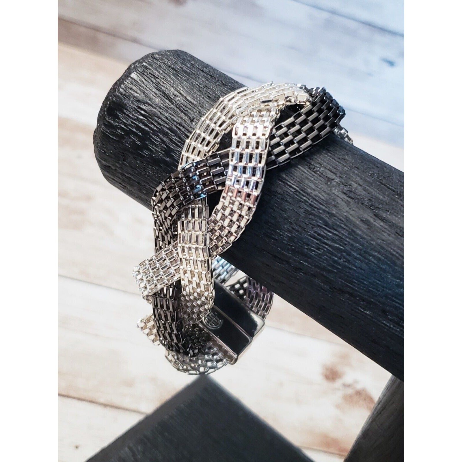 Vintage Bracelet Black & Silver Tone Twisted with Magnetic Clasp