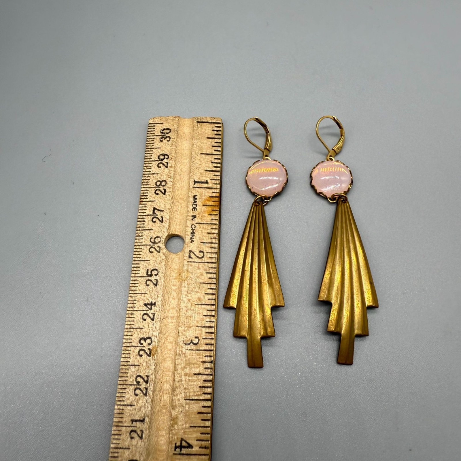 Vintage Pink Crystal Plated Dangle Drop Earrings Brass Tone Retro Classic