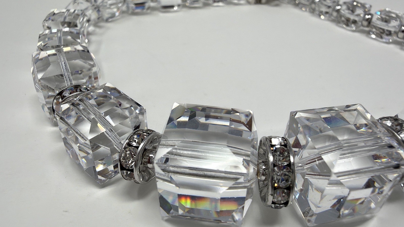 Swarovski Swan Signed Clear Emerald Cut Crystal Necklace Silver Tone 16in Read