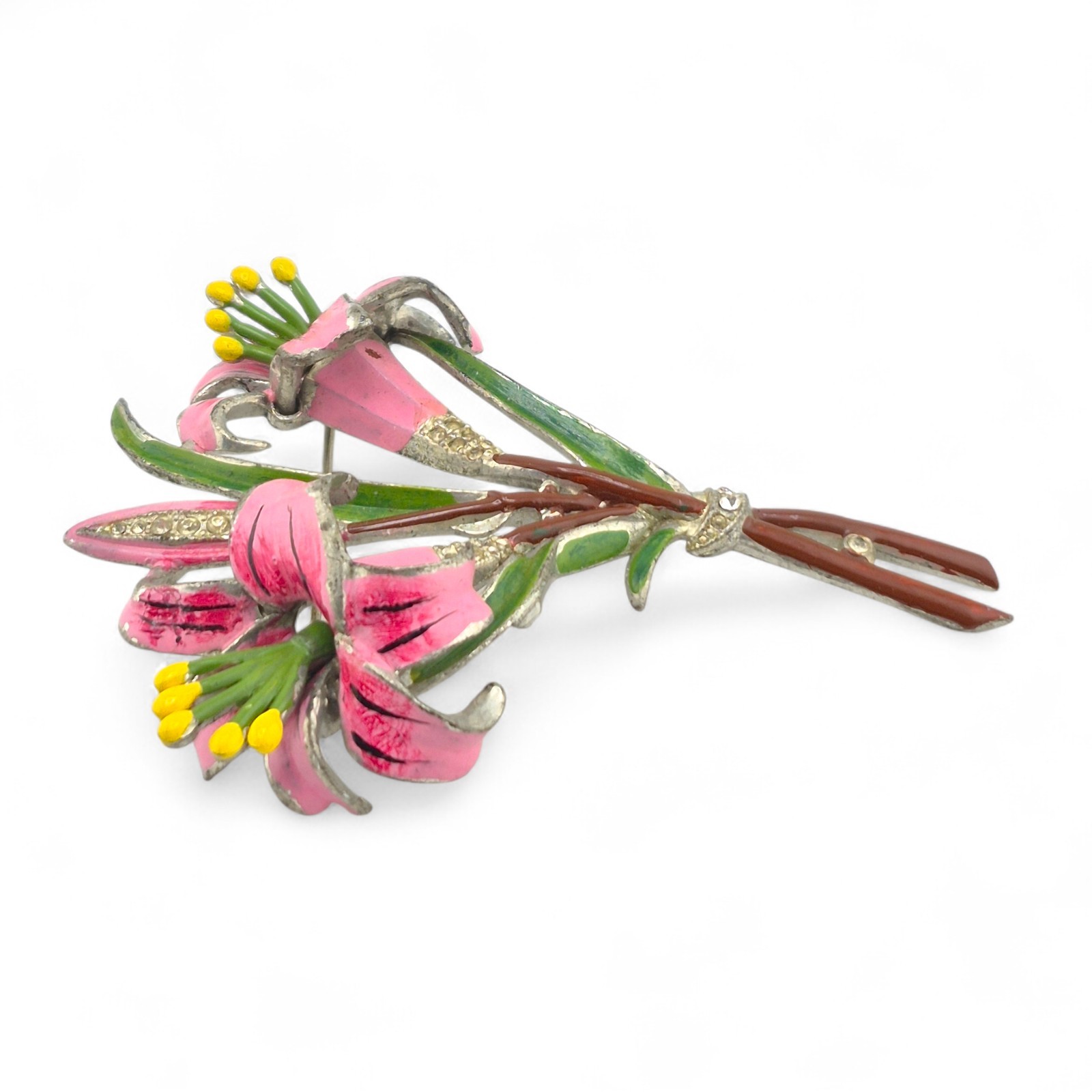 Vintage Coro Trembler Brooch Pink Lily Flower Enamel & Rhinestone Unsigned 3.3in