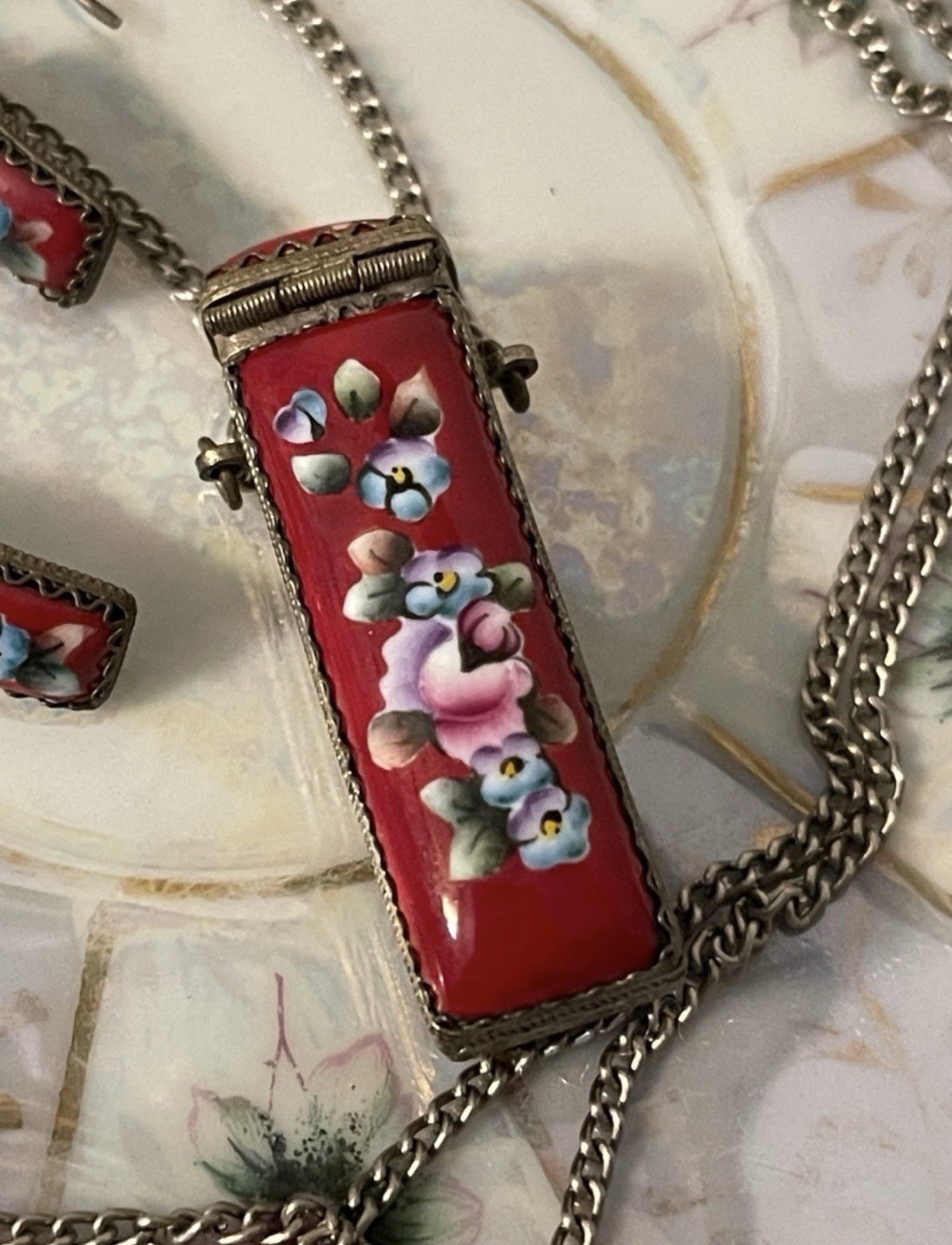 Vintage Russian Finfit Hand Painted Enamel Pillbox Locket & Earring Set