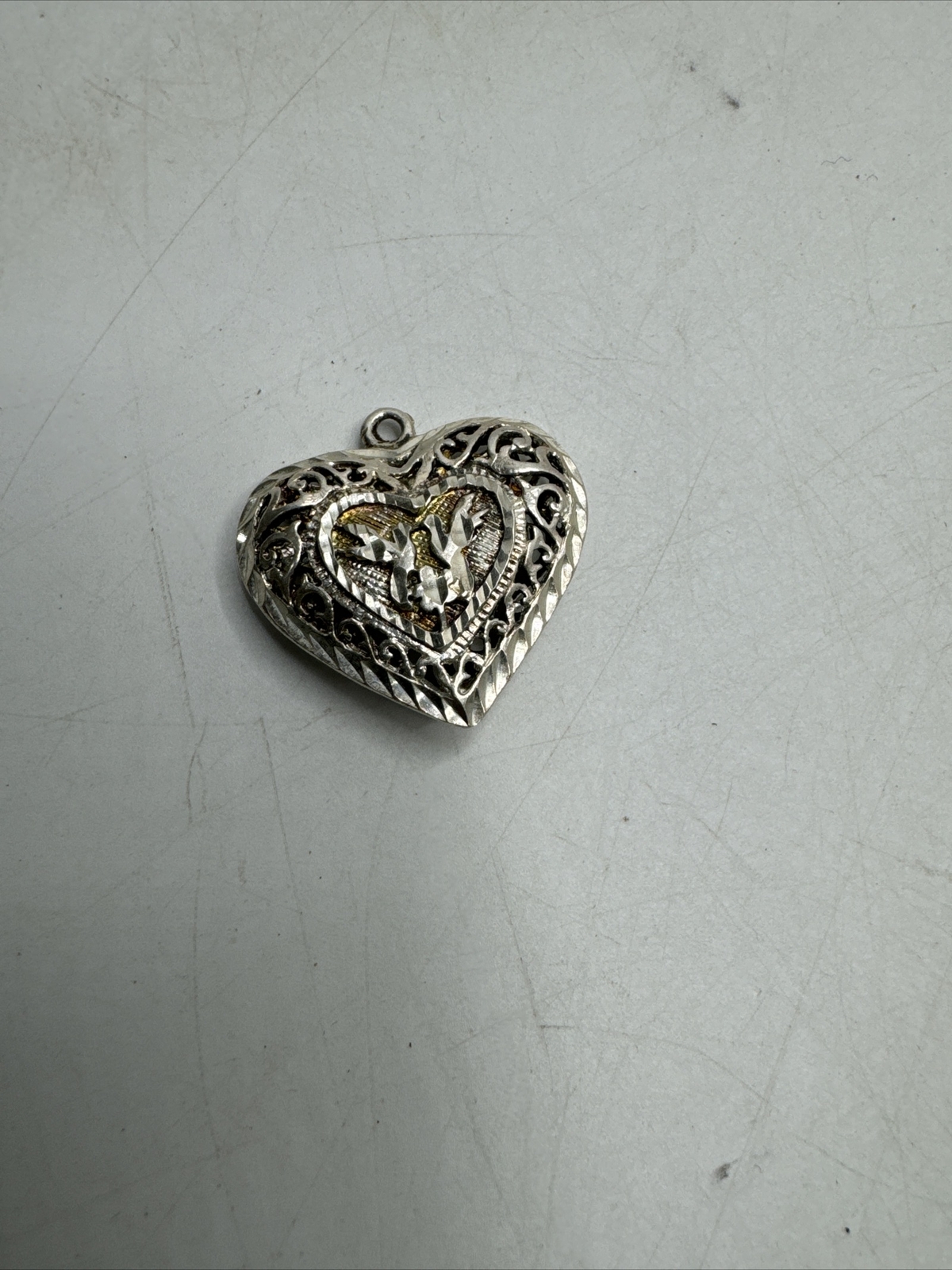 Vintage Sterling Heart Pendant Puffy Heart Filigree Pierced Carved 1” About 6g