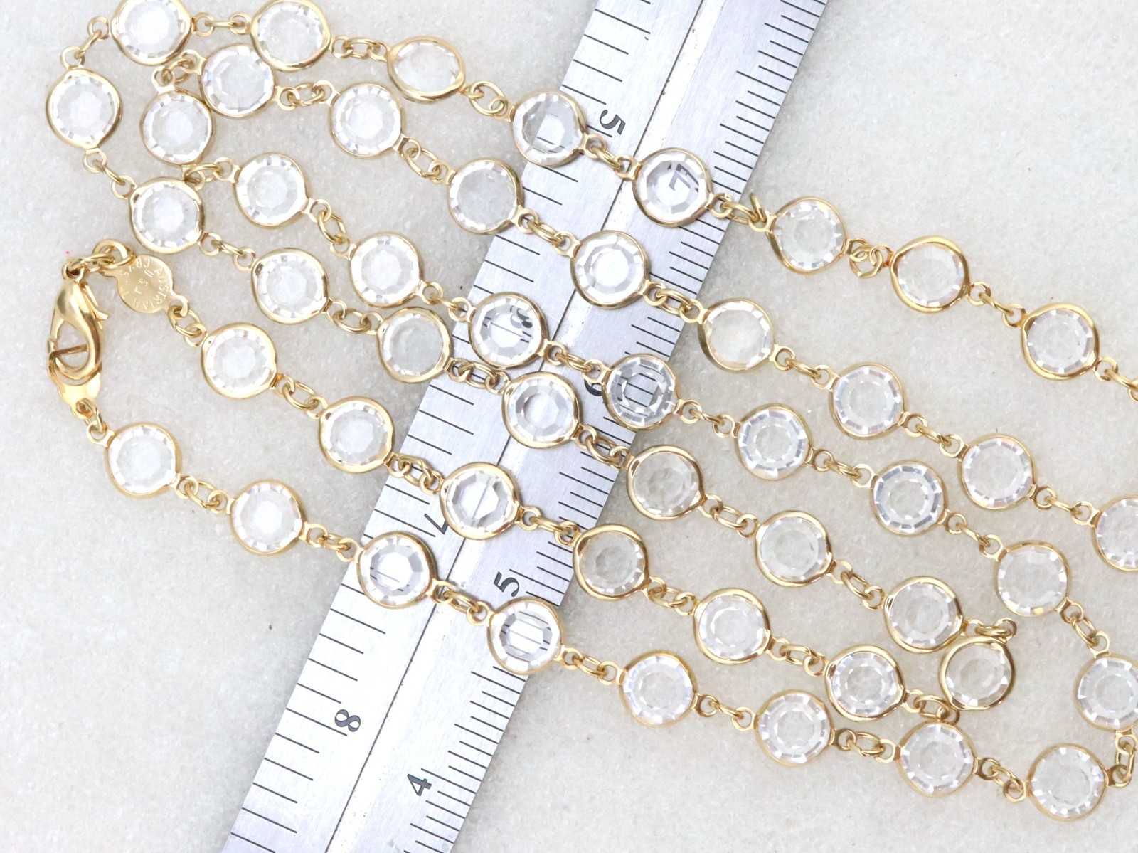 34″ Long 9mm Clear Crystal Bezel Rhinestone Necklace Signed AUSTRIAN USA Gold Tn