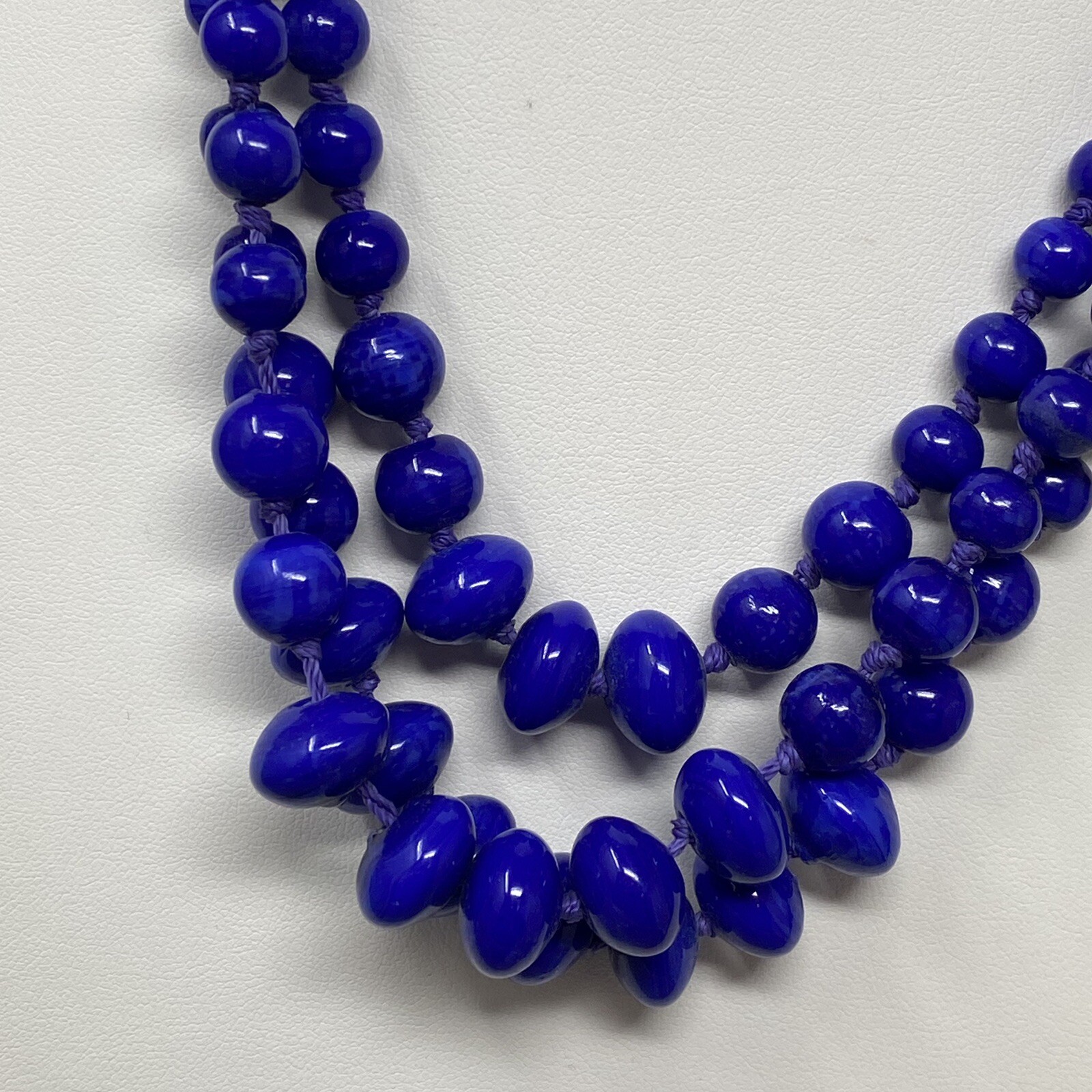 VTG Ceramic Bead Necklace Blue Marble Hand Knot Cord Chain Multi Strand Boho 21″