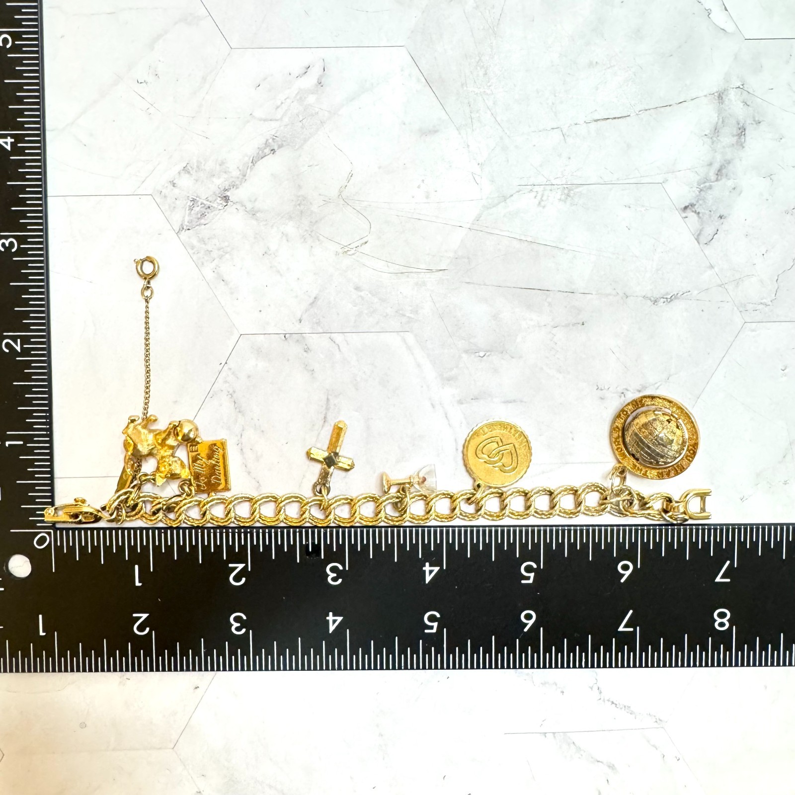 Vintage Monet Charm Bracelet Gold Tone Double Link 6 Charms Globe Kitten Cross