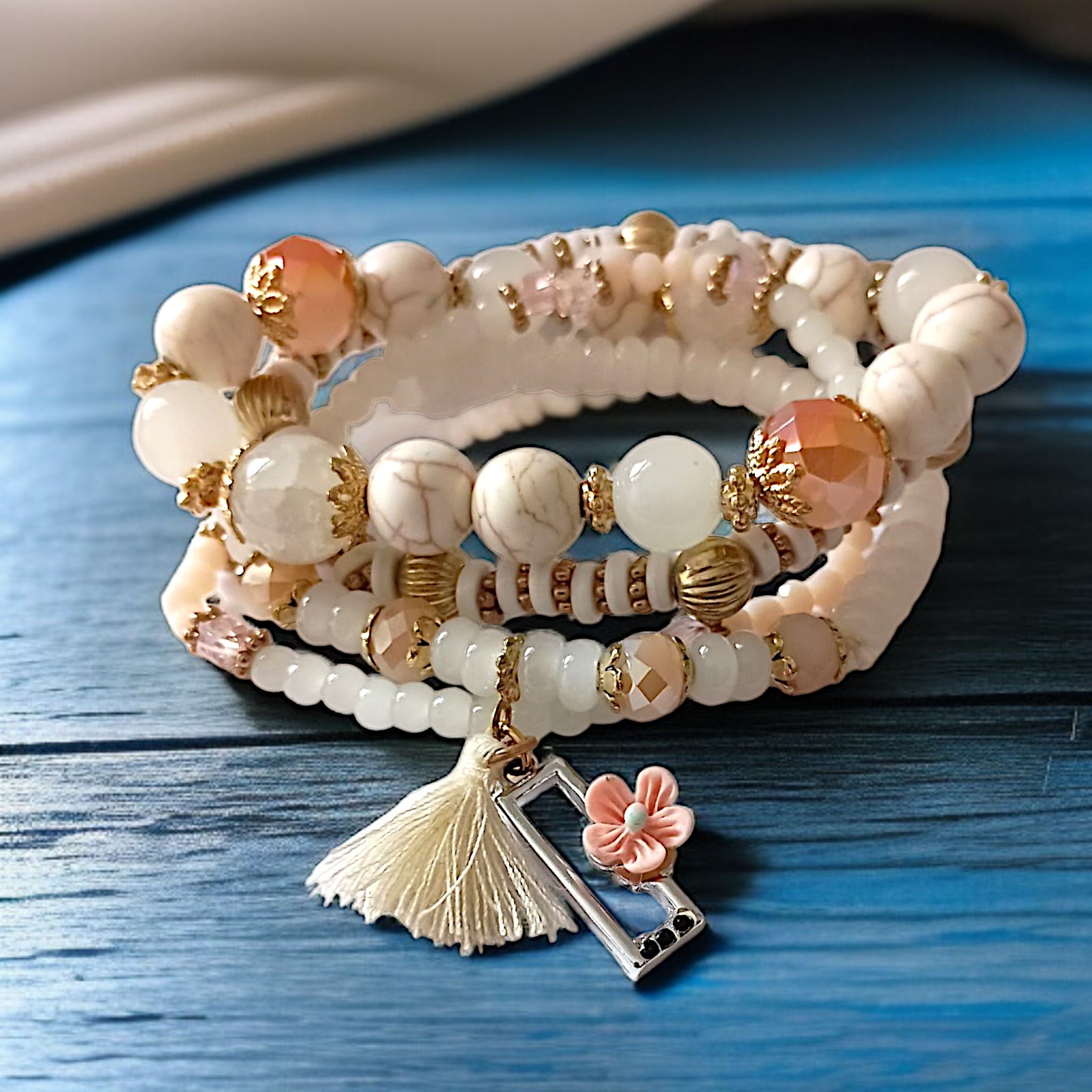 Y2K Multi Strand Beaded Bracelet Glass Stacked Floral Neutrals Fairy Indie Boho
