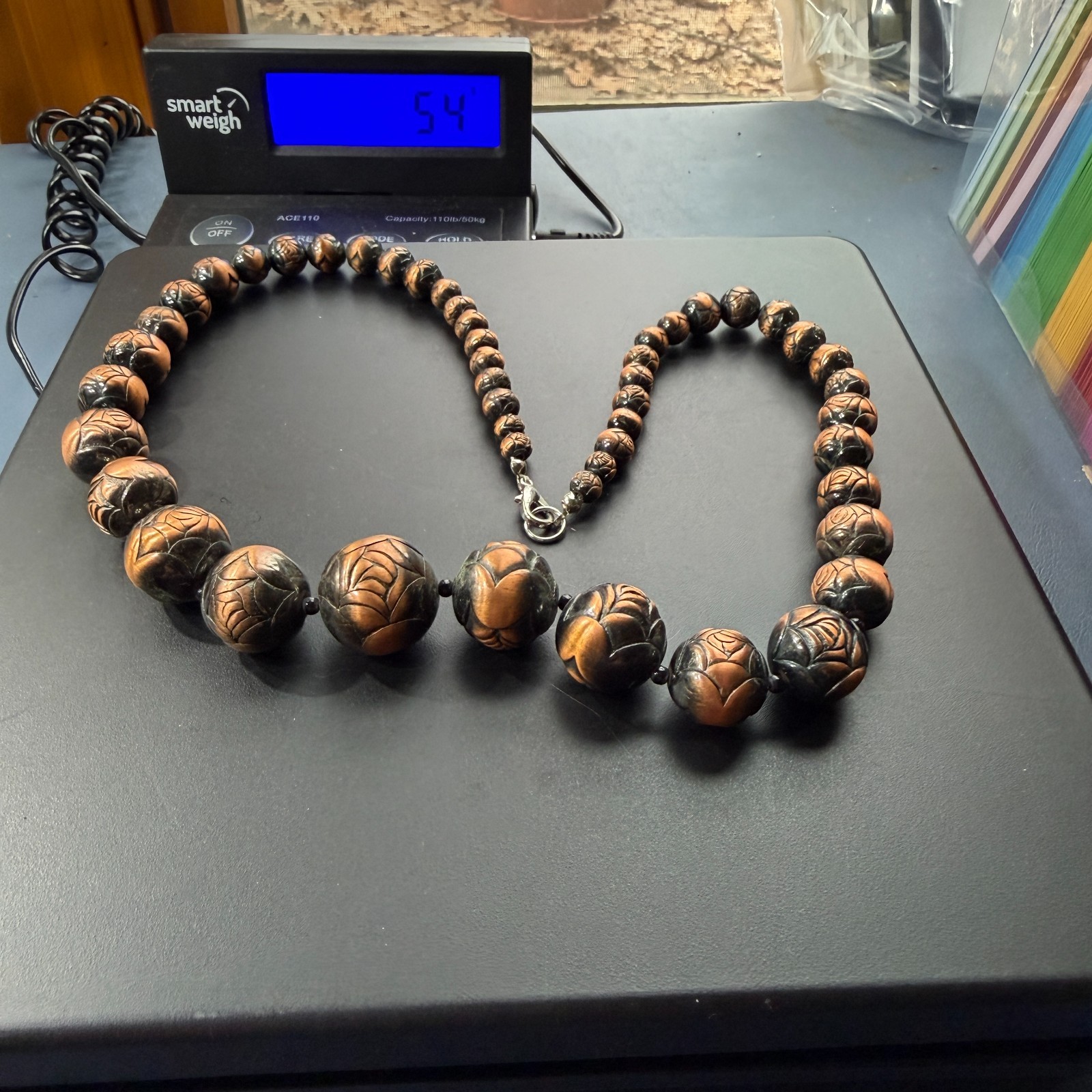 Vintage Brass Carved Bead Necklace Chunky Boho Statement Copper Tone 22″
