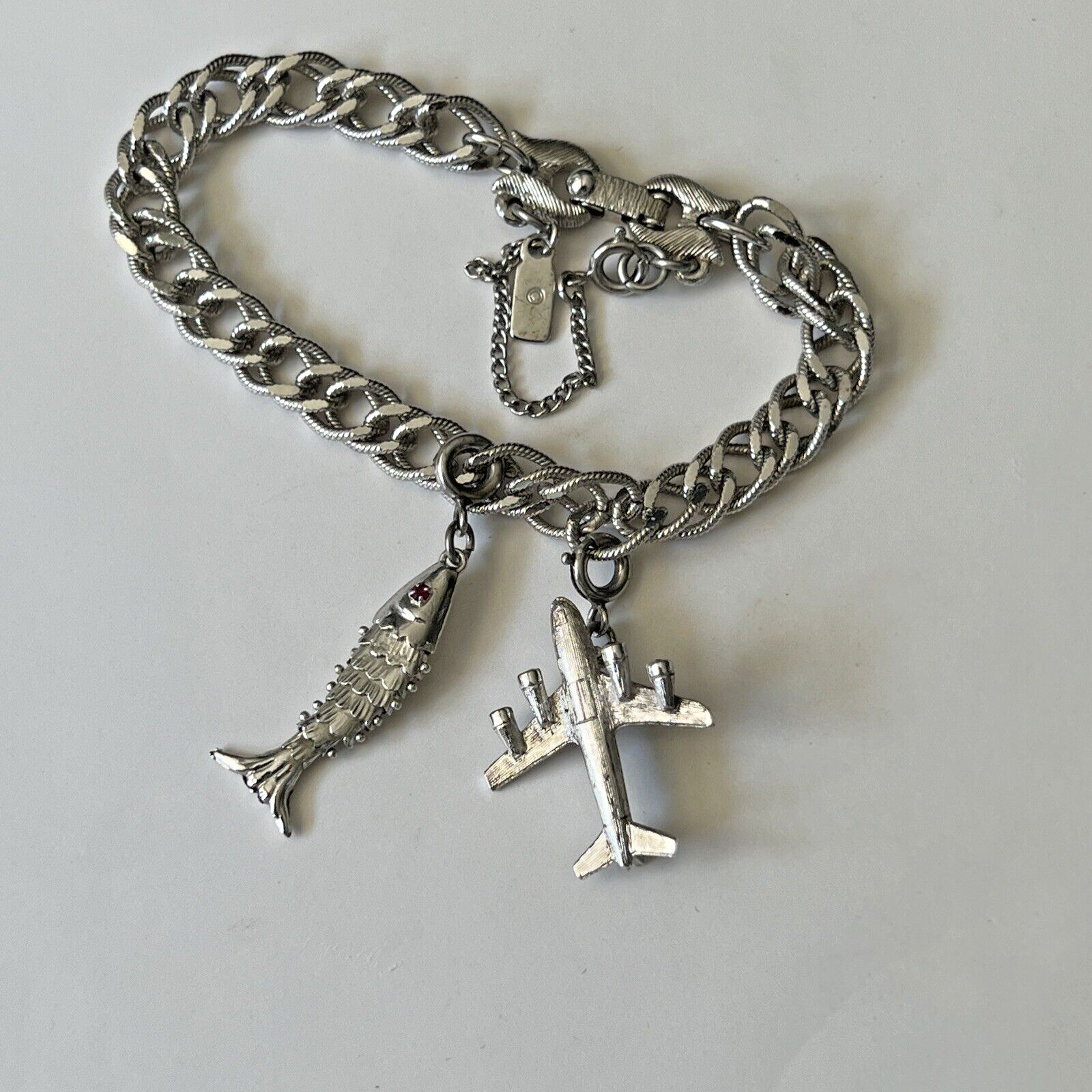 Vintage Silvertone Monet Starter Charm Bracelet Two Charms Airplane Fish 7″