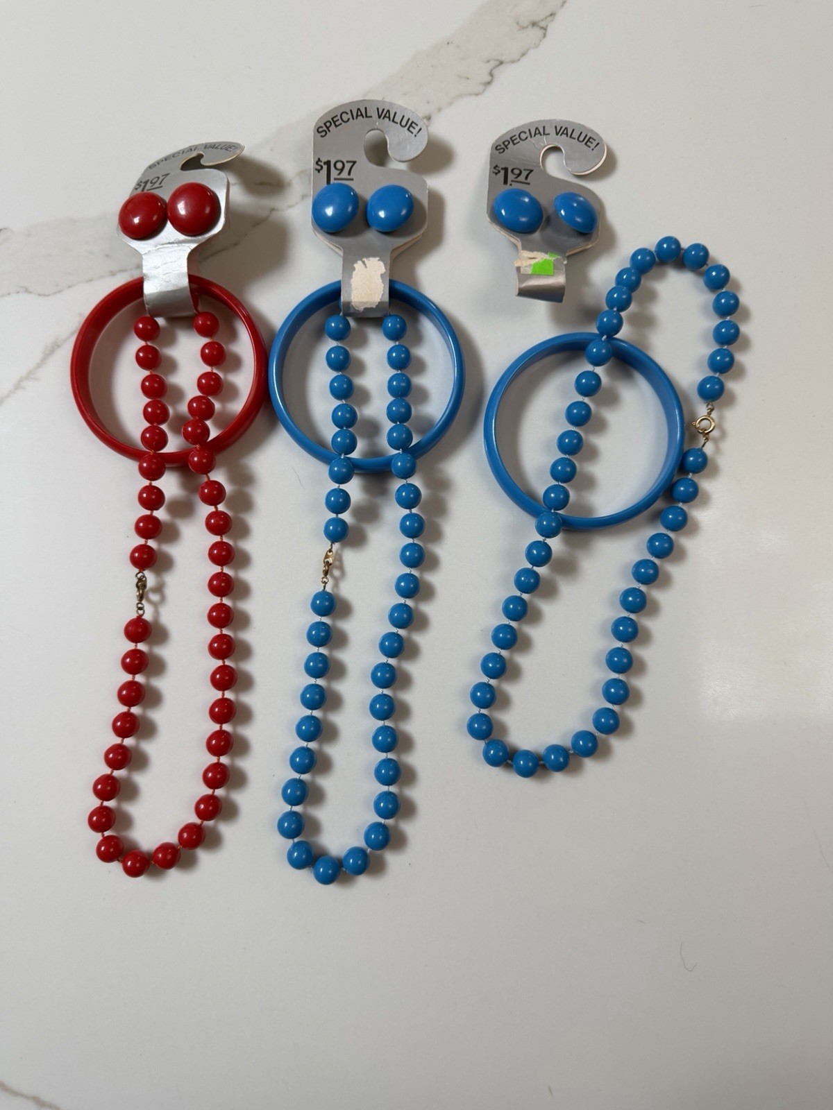 Vintage 1980s Plastic Jewelry Lot NOS Necklace Bracelets Earrings Red Blue