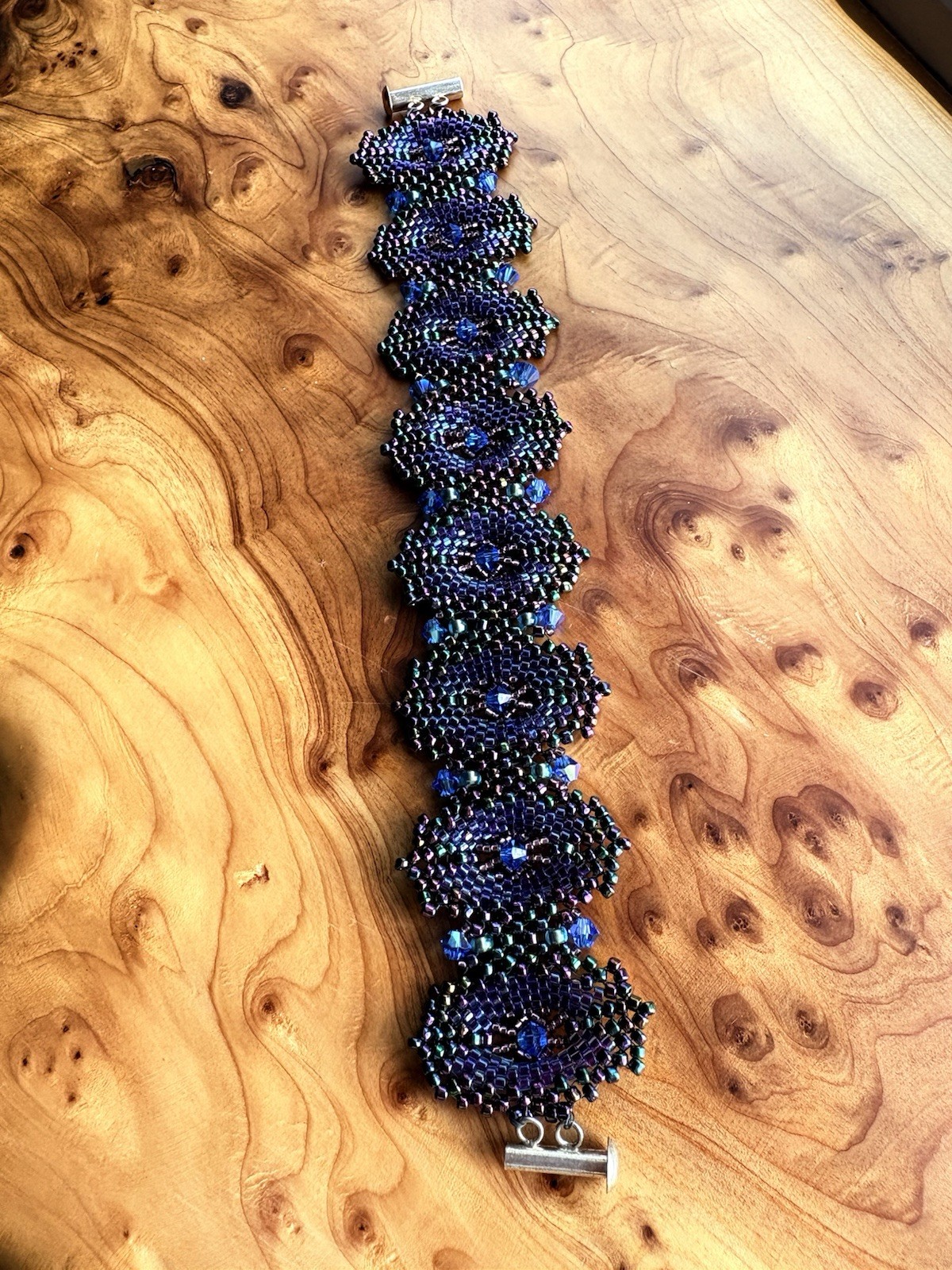 Peacock Blue Purple Bohemian Crystal Glass Bead Mesh Bracelet Handmade Treasure