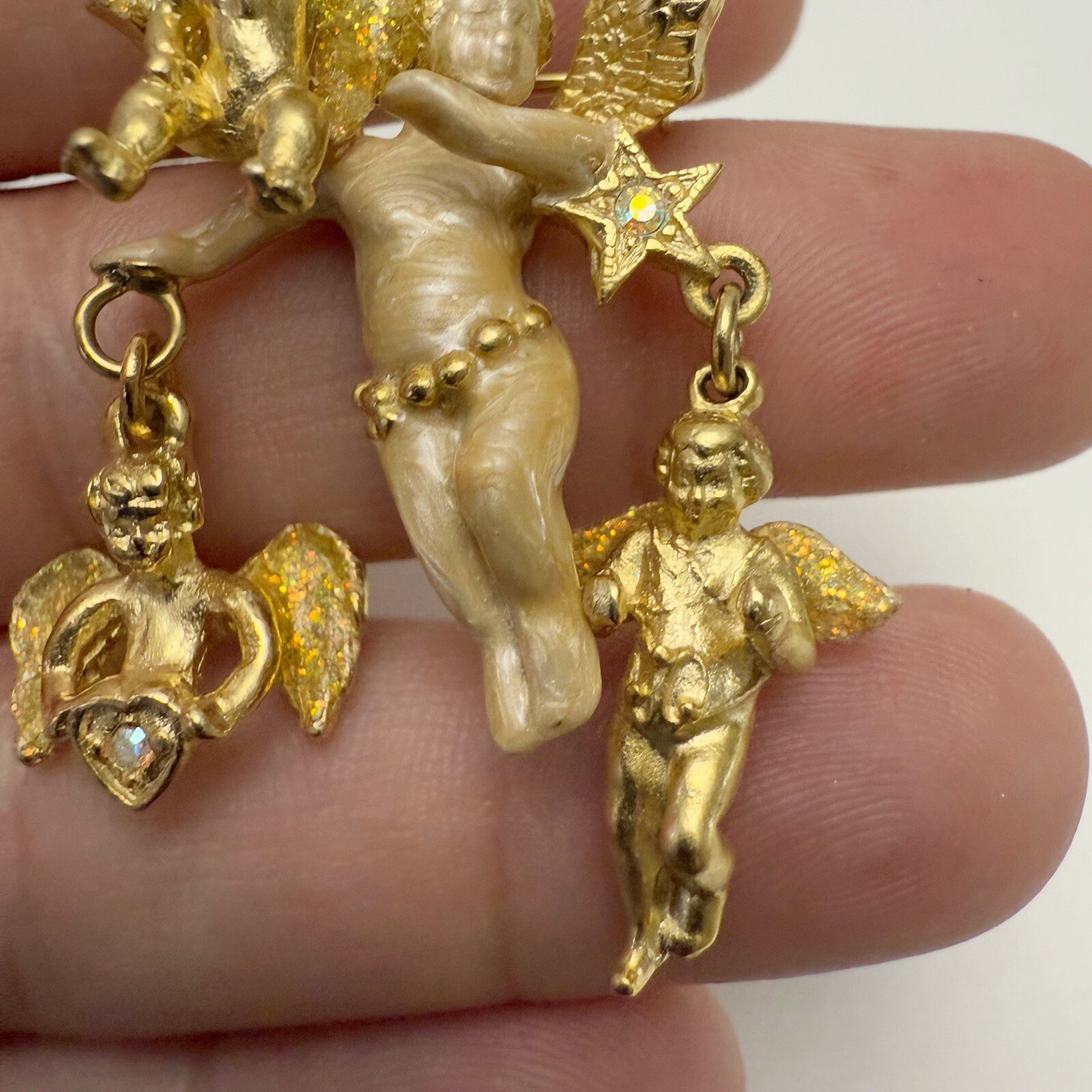 Vintage Kirks Folly Enamel Rhinestone Cherub Angel Dangle Goldtone Brooch Pin