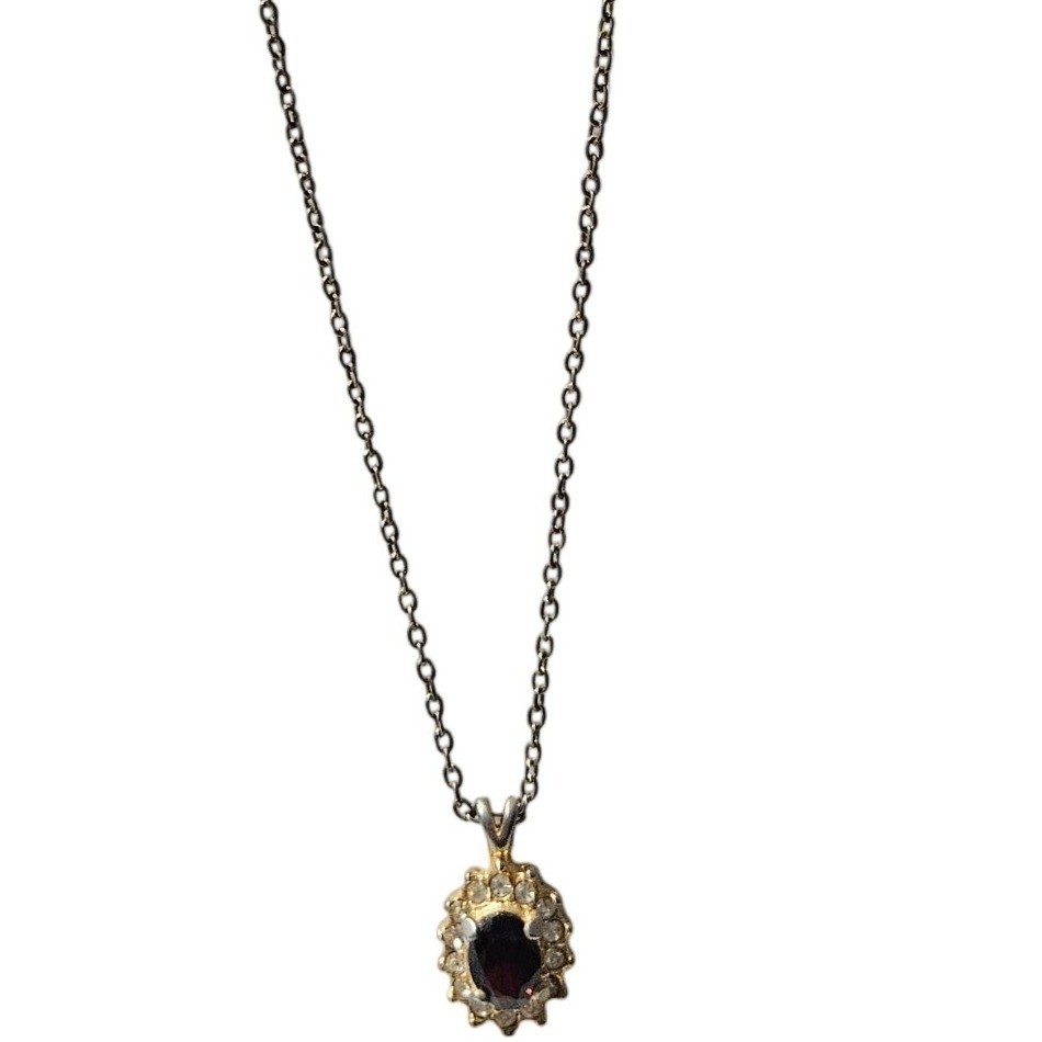 Vintage Oval Red Gemstone Pendant Necklace Clear Accent Stones Gold Tone Jewelry