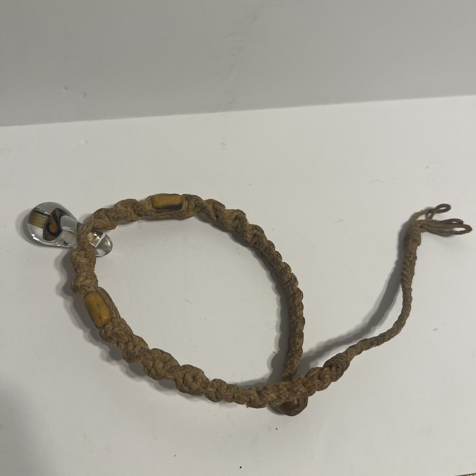 Vintage Blown Glass Hippie Mushroom Pendant Hemp Rope Necklace 70’s