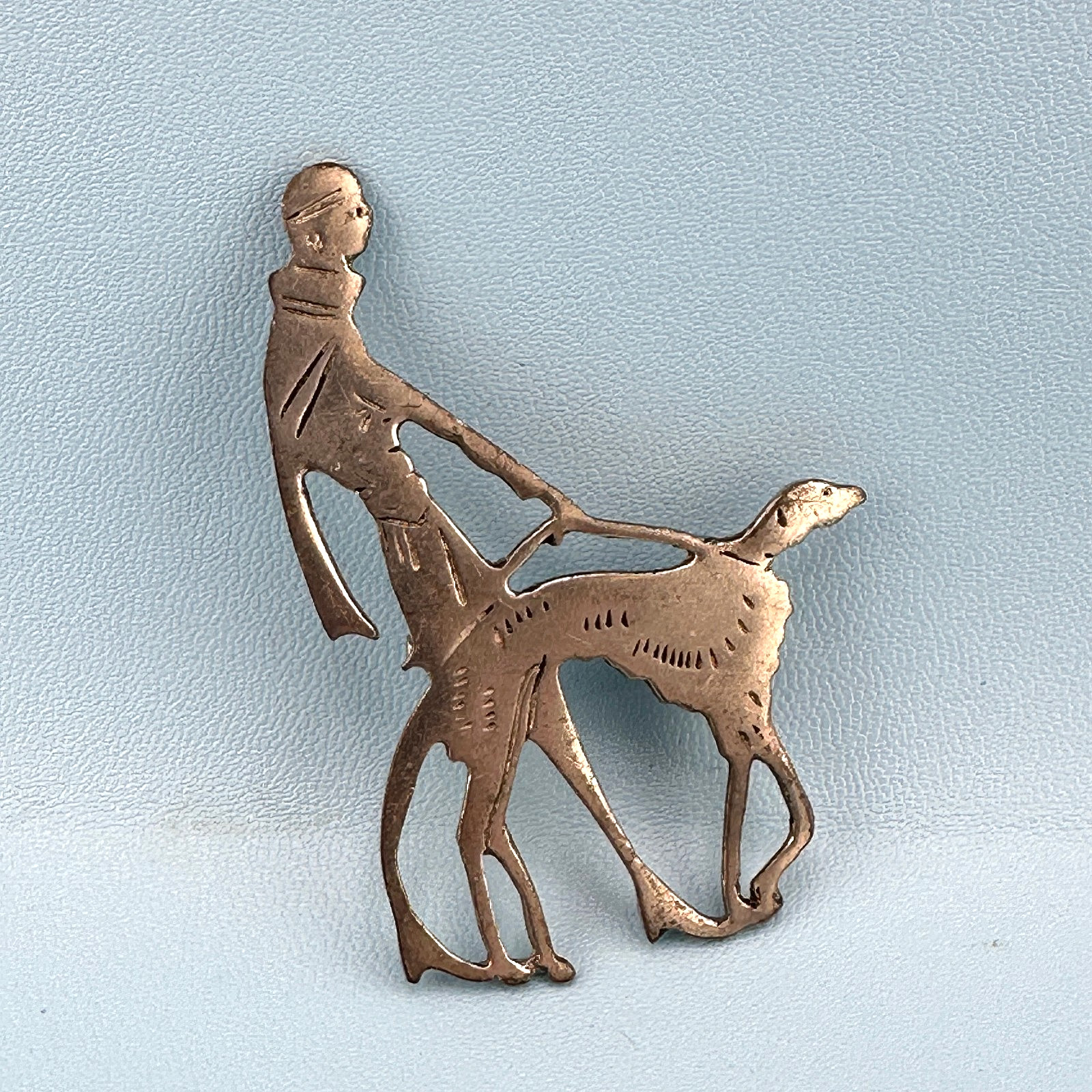 Vintage Brooch Vogue Magazine Art Deco Flapper Lady Walking Dog Silver Tone
