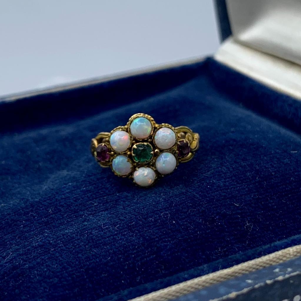 Victorian Opal Emerald Ruby Ring Antique Wedding Engagement Ring 14 Karat Gold