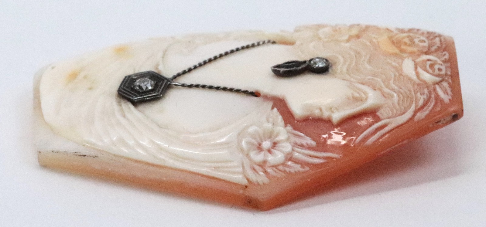 Vintage Ladies Carved Shell & Diamond Cameo Circa 1920s