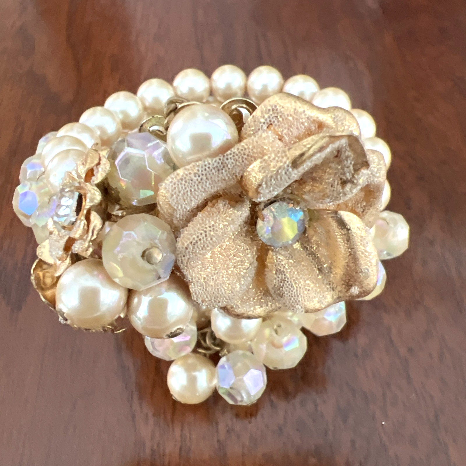 MIRIAM HASKELL FAUX PEARL CRYSTAL RHINESTONE FLOWER WRAP BRACELET / 2 STRAND