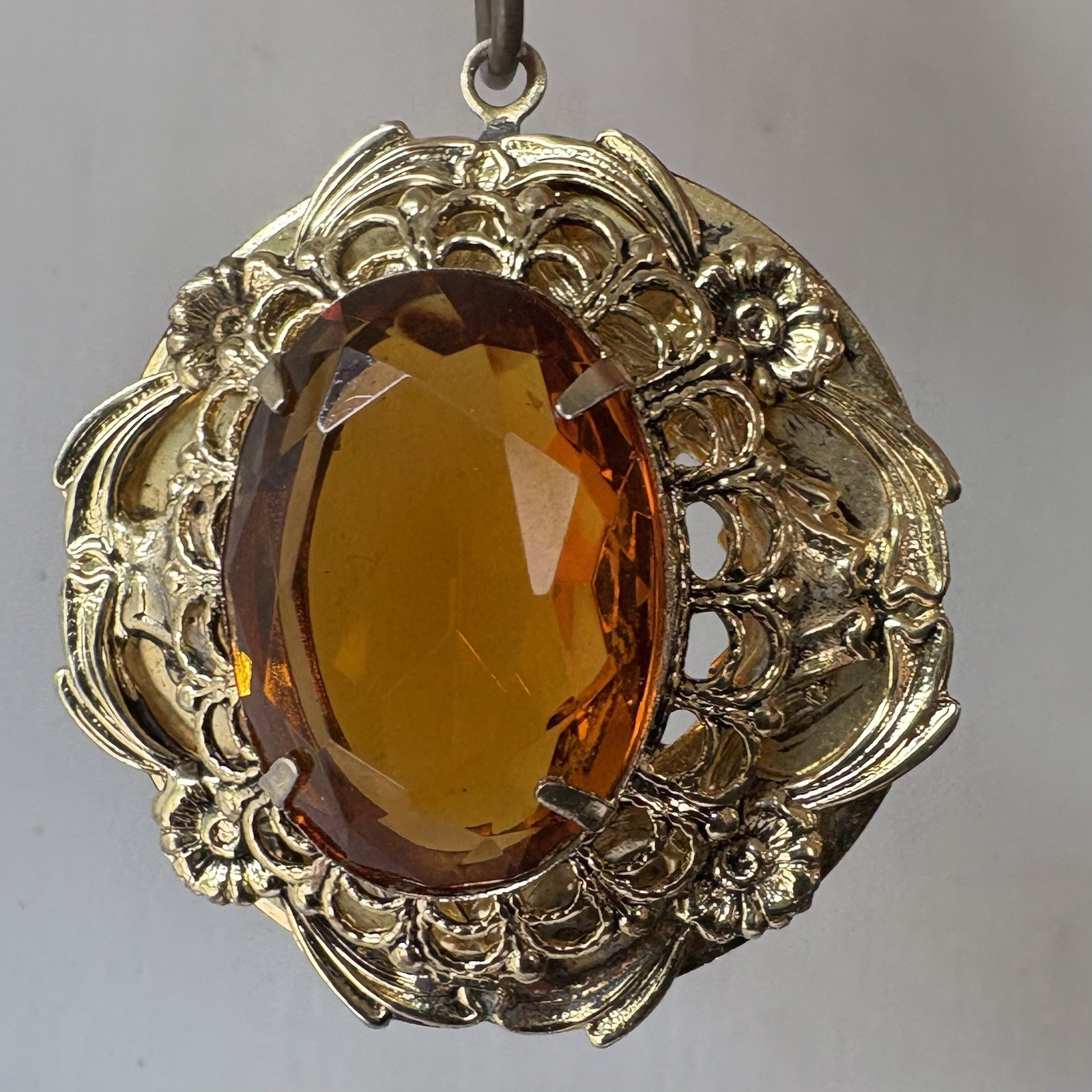 Vintage Victorian Revival Filigree Pendant Honey Amber Glass Gold Tone Ornate