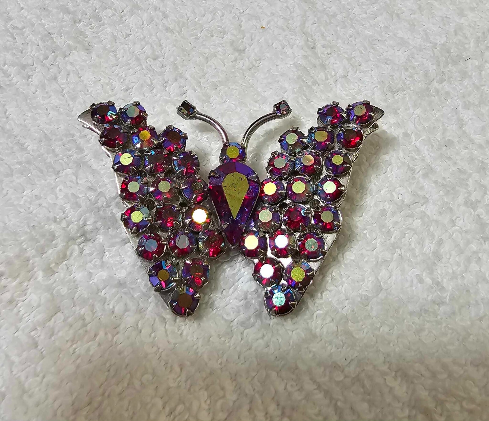 RARE Vtg Warner Brooch Pin Silvertone Butterfly w/ AB Fuchsia Red- Sparkling