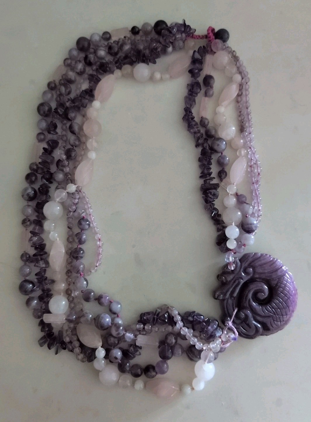 STUNNING VINTAGE MULTI STRAND CARVED AMETHYST DRAGON ROSE QUARTZ NECKLACE-L@@K