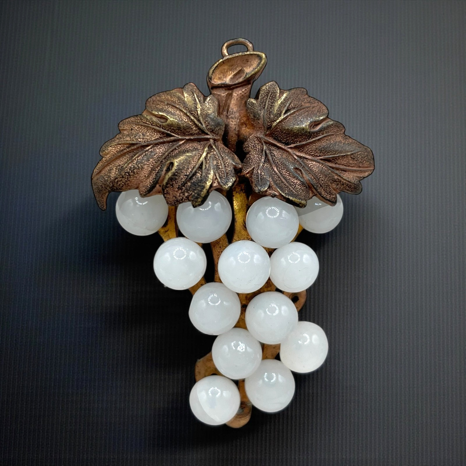 Antique White stone Moonglow Grape bunch Brooch Pendant Copper leaves C-clasp