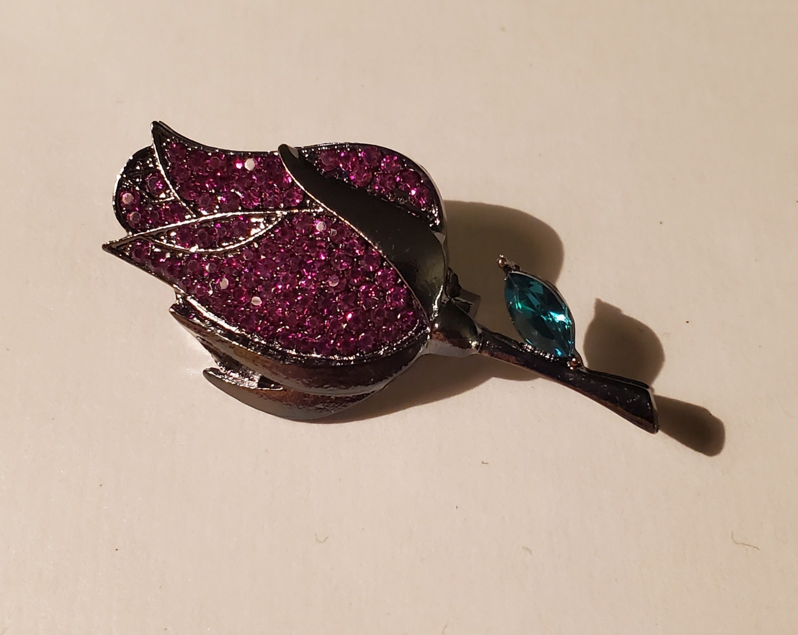 Gunmetal Rose Brooch Pink Rhinestones Teal Accent Gothic Romantic Dark Magic
