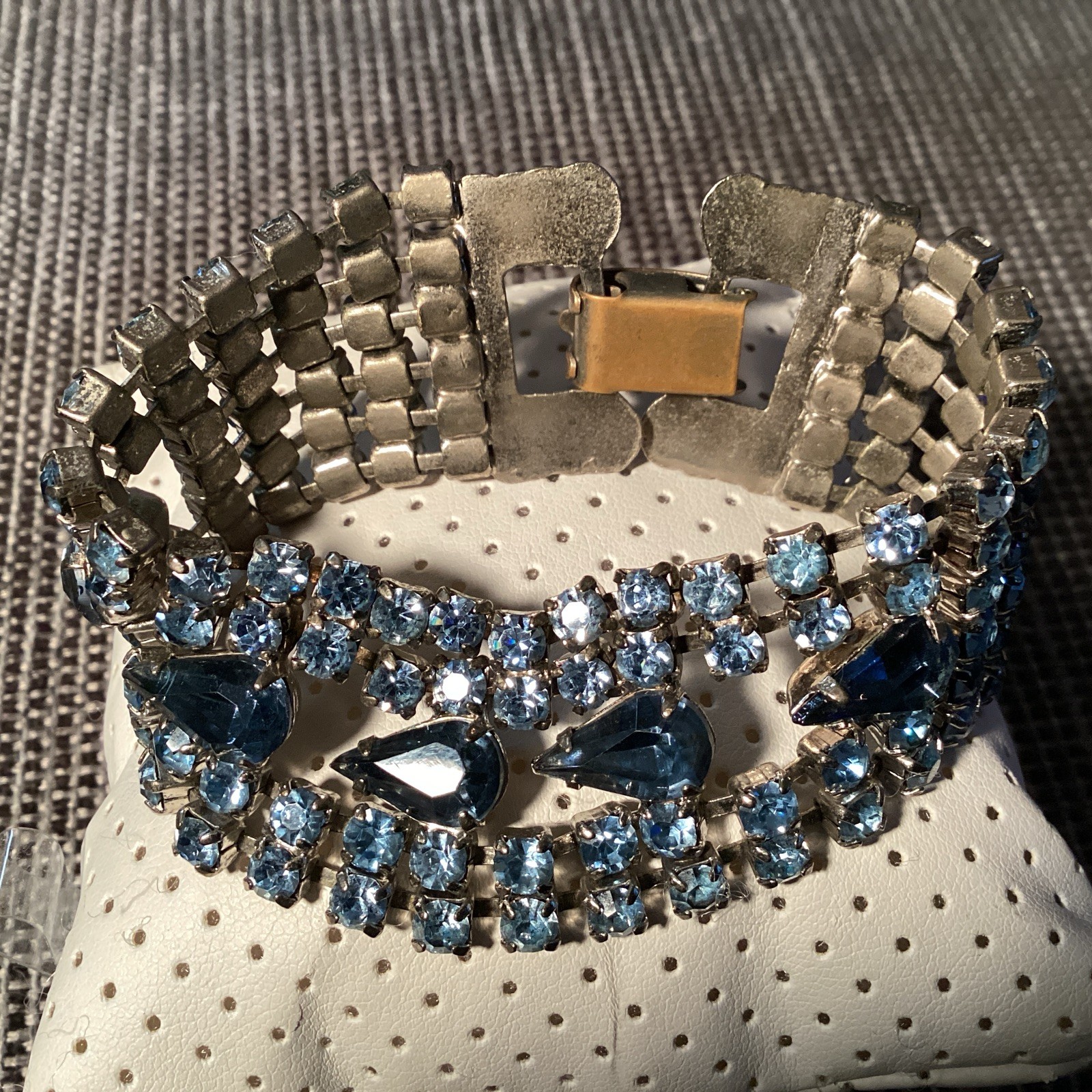 Vintage Blue Rhinestone Wide Statement Bracelet Silver Tone Unsigned 7 Inches