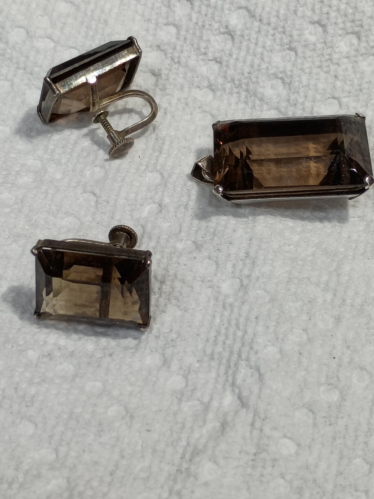 Vintage Emerald Cut Smokey Quartz Pendant And Screw back Earrings Set