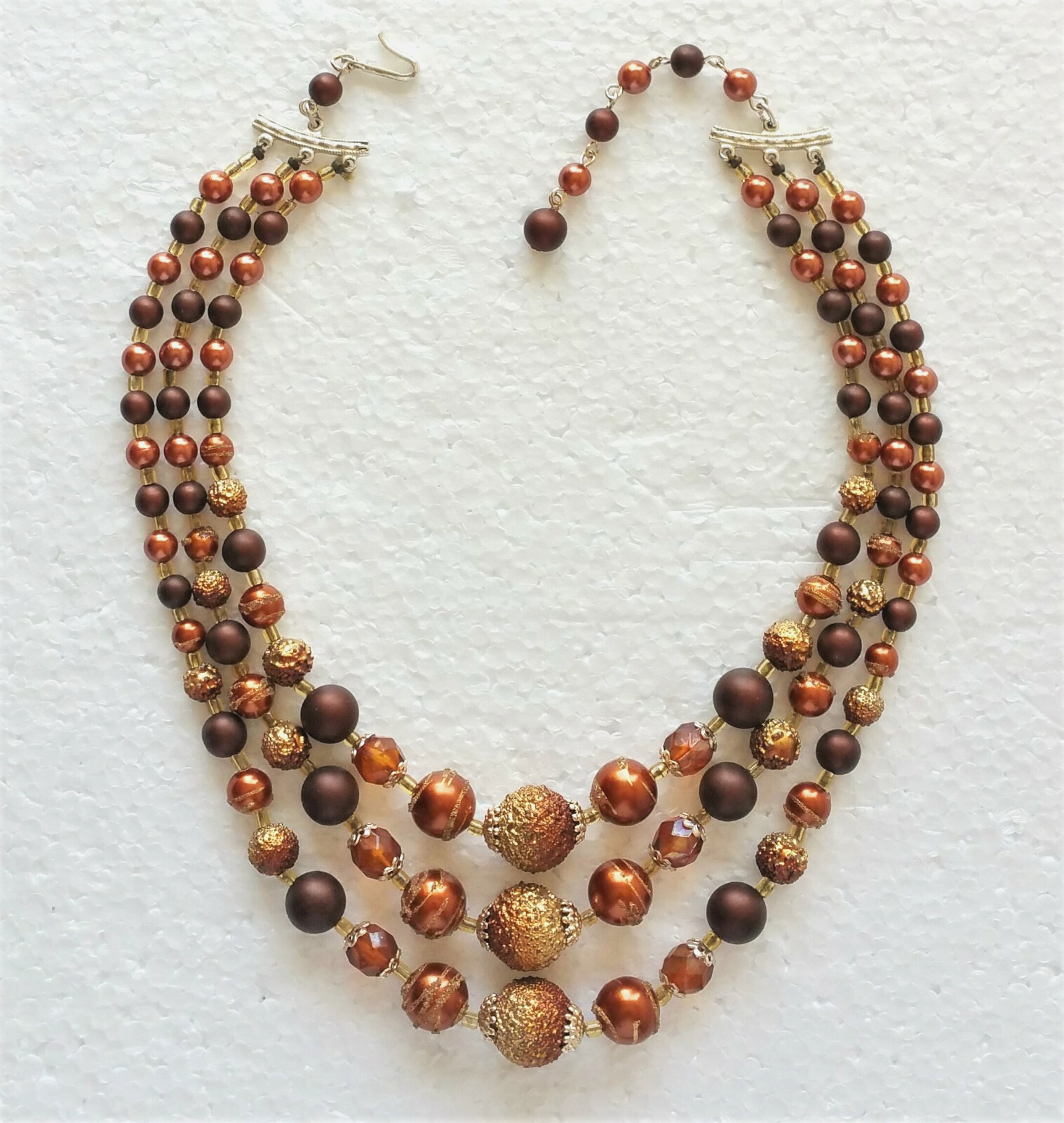 Vintage Womens Necklace Bronze Copper Gold Tone Beads Art Deco 3 Strands