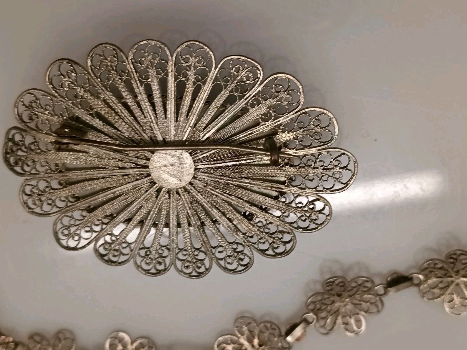 Vintage Antique Silver Filigree Mabe Pearl Necklace Brooch Bracelet Set Lot