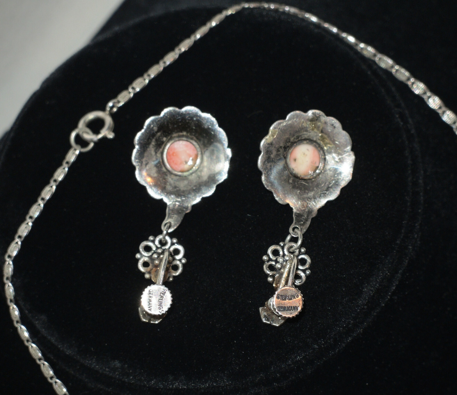 Art Deco Set Sterling Silver Germany Pendant & Earrings with Coral & Marcasites