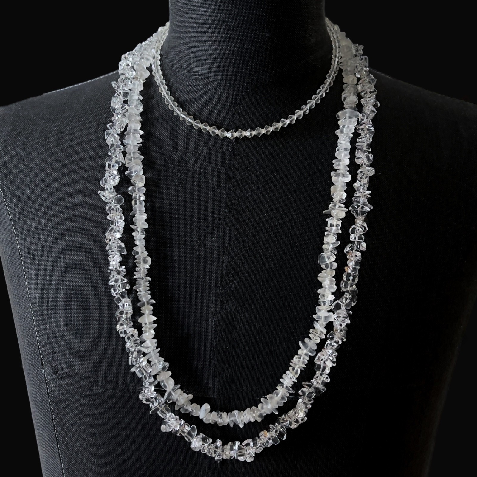 3 Necklace Bundle: Super Clear Rock Crystal – Frosty Quartz – VTG Czech Crystal