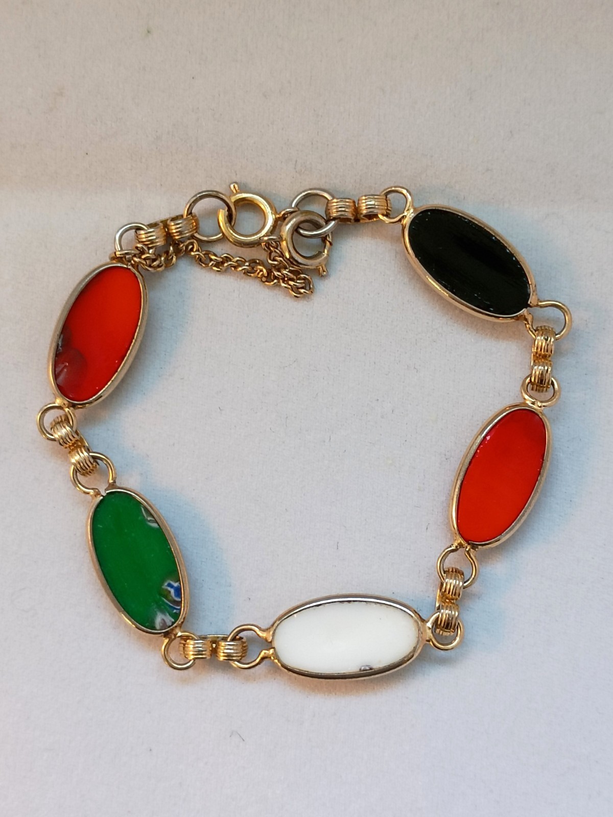 Vintage multi color enamel cabochon bracelet with lobster clasp safety chain
