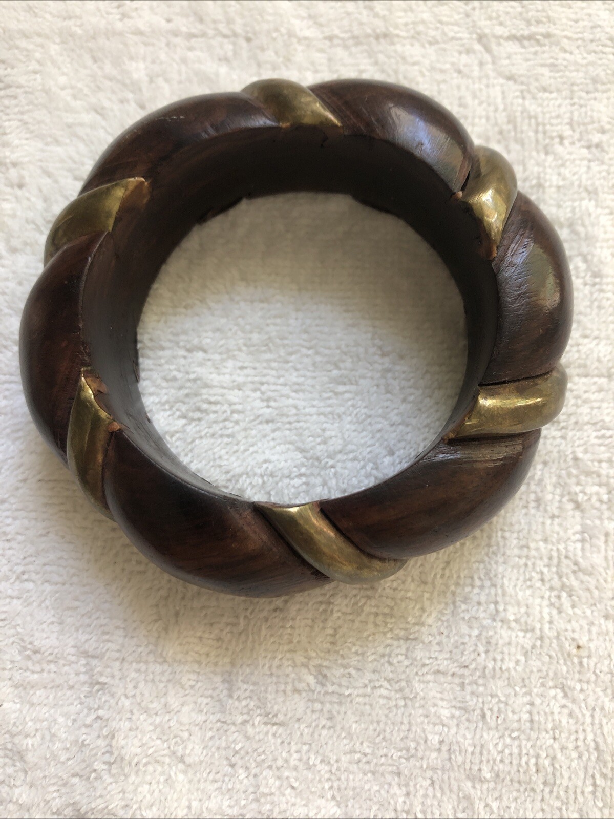 Vintage 1960’s Dark Brown Wooden Bangle with Gold Tone Metal Inlay Bracelet