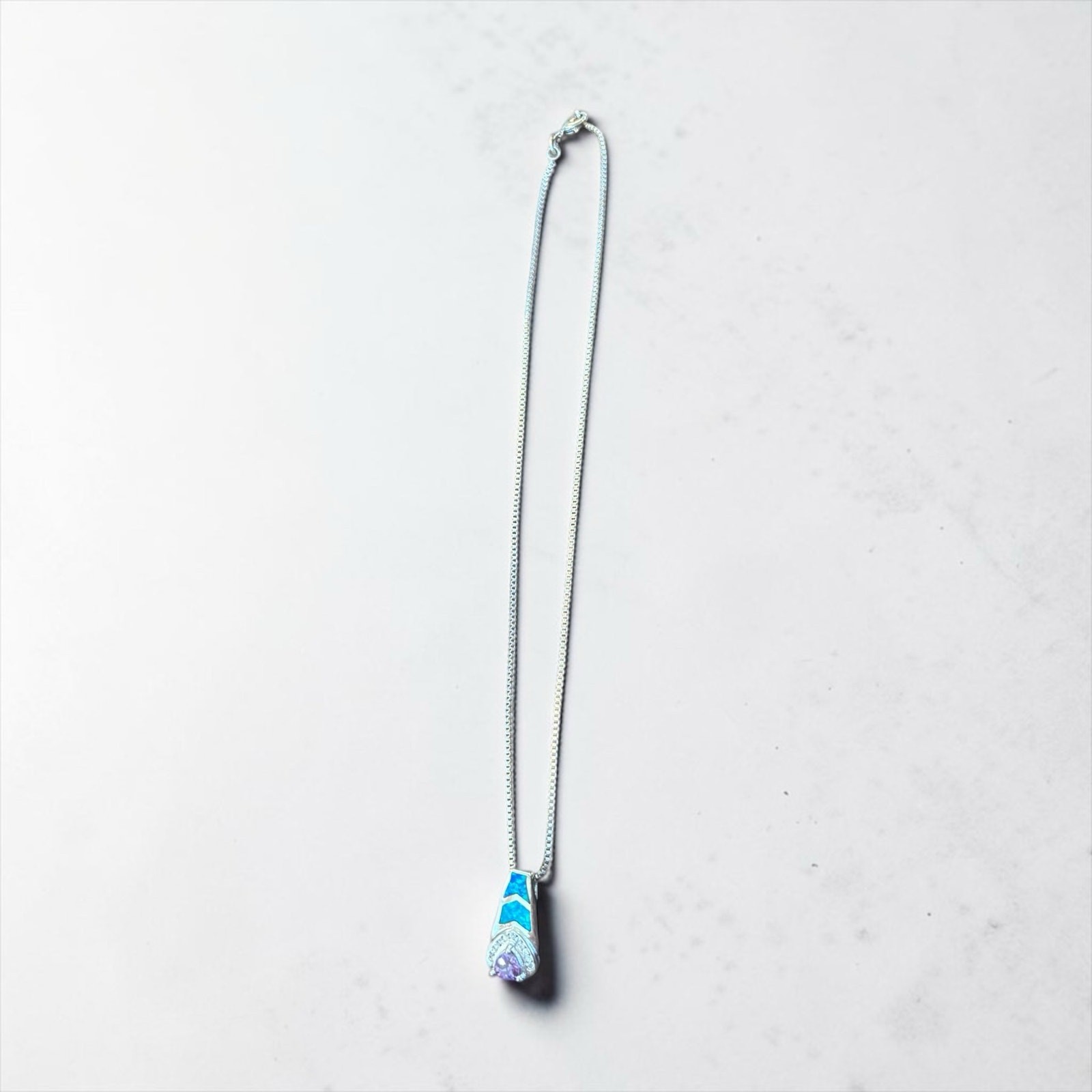 925 Silver Blue Opal Chevron Necklace Purple Teardrop Art Deco Glam