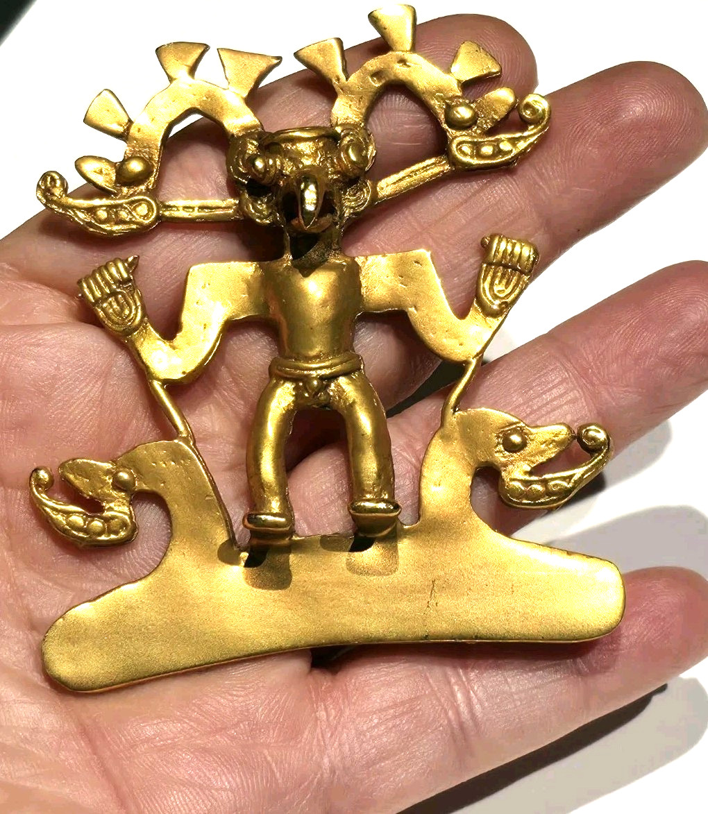 Vintage Alva Studios Reproduction Pre Columbian Figural Pendant Brooch Gold Tone