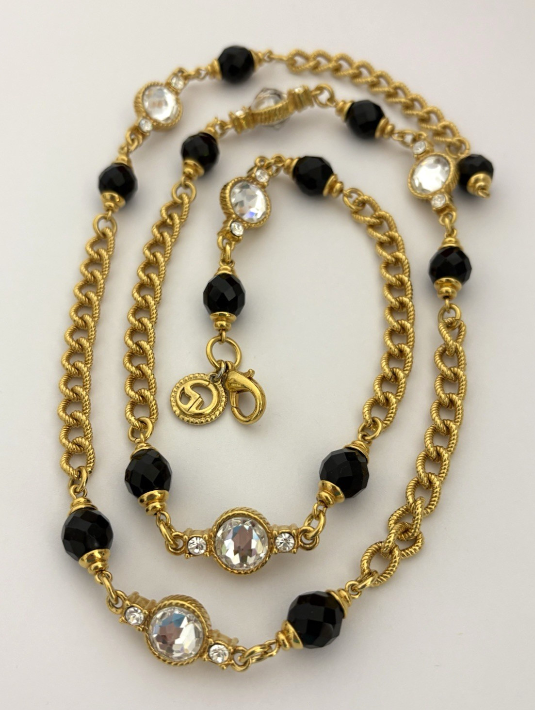 Vintage St. John Necklace Thick Textured Gold Tone Chain Black Clear Glass Beads