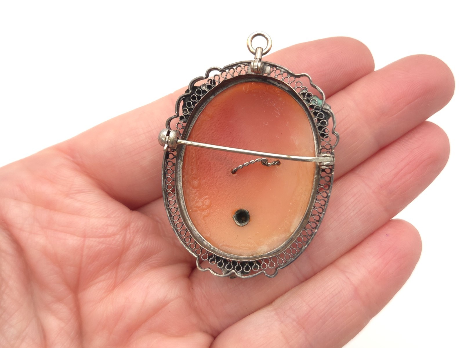 Art Deco Sterling Silver Carved Shell Habille Cameo Paste Stone Brooch Pendant