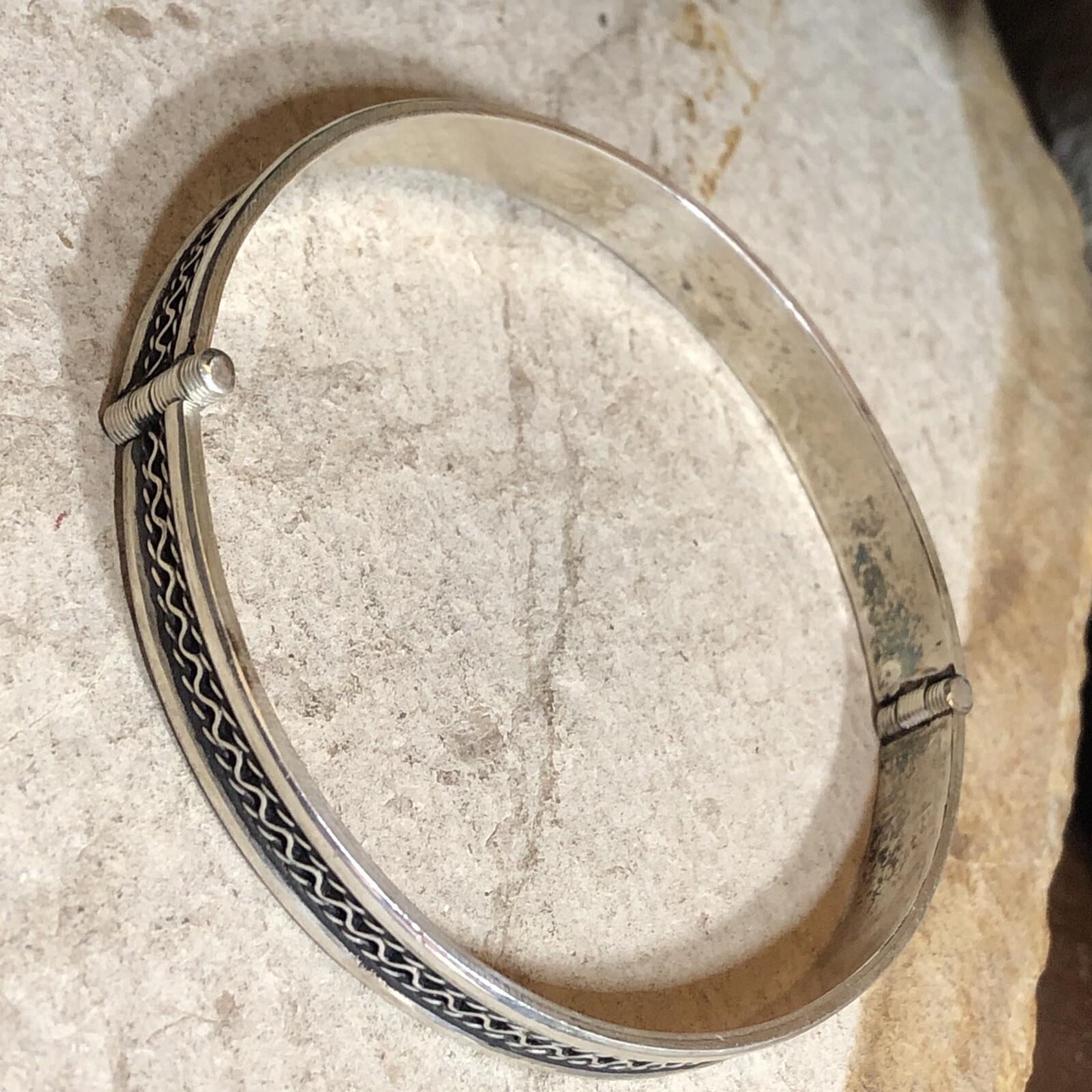 20. Vintage 925 Sterling Patterned Stick Pin Lock Bangle TWO Bracelets 7″-7 1 4″