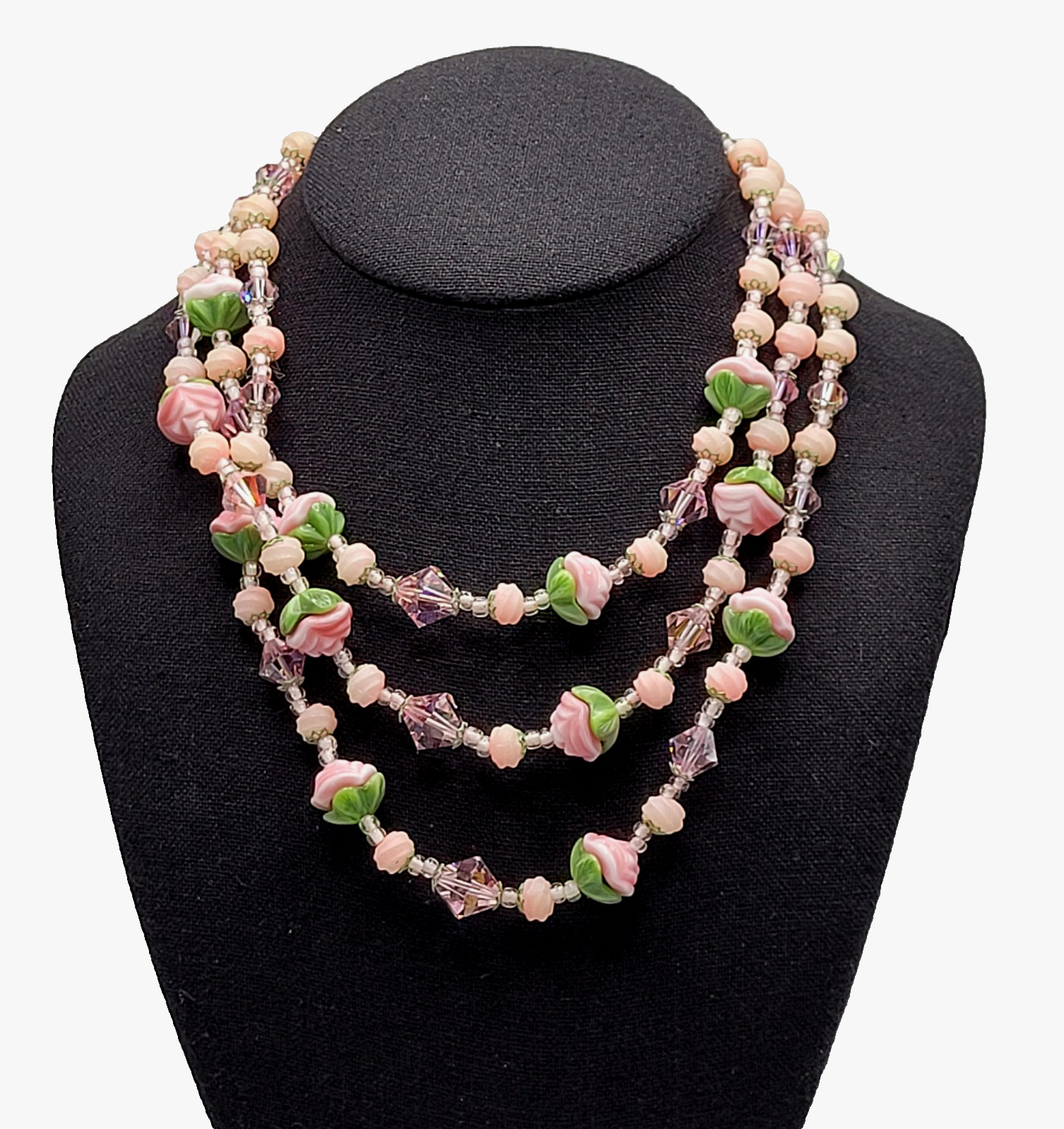 Triple Strand Glass Pink Rosette Green Bottom Rosebuds Bicone Crystal Necklace
