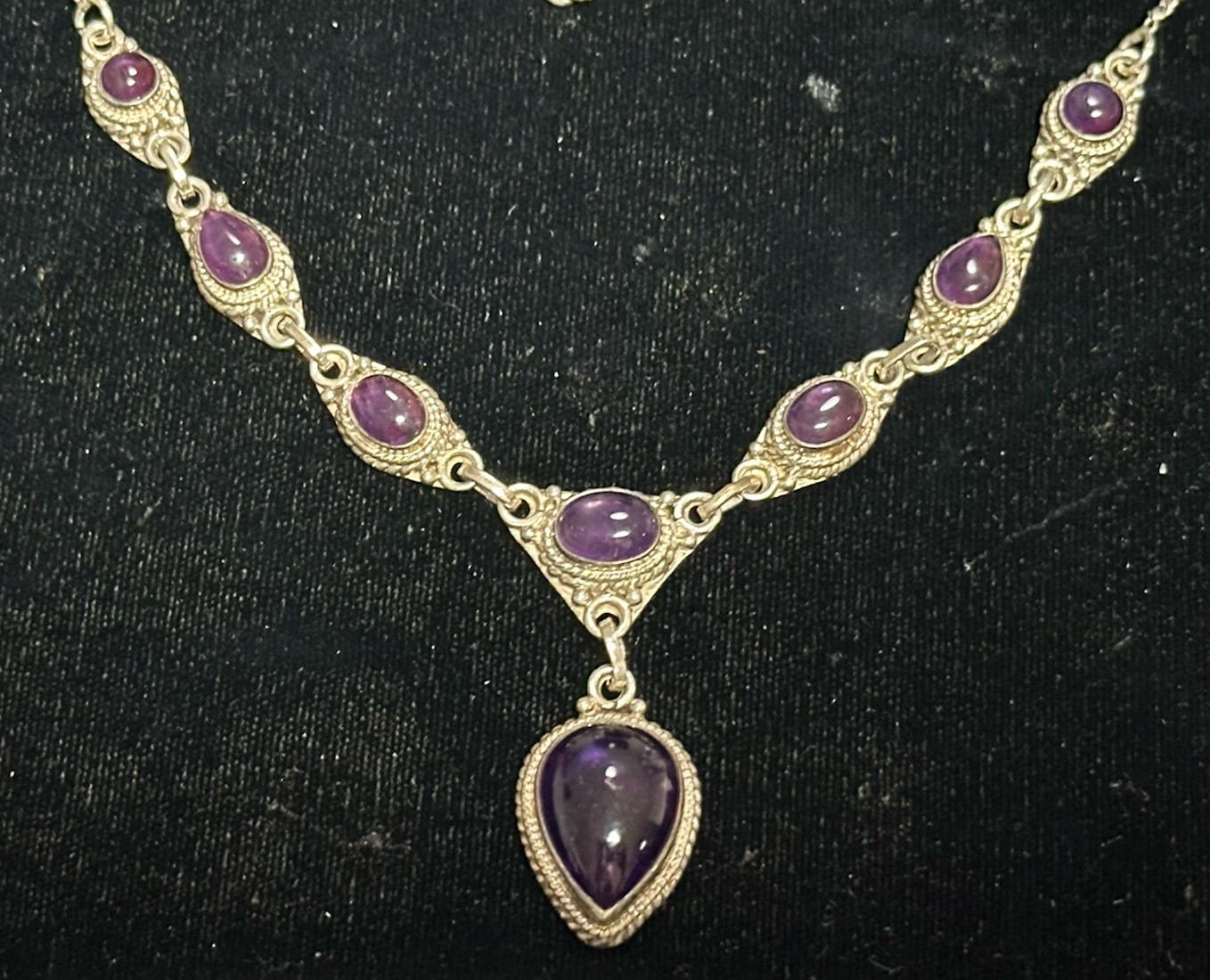 Vintage Sterling Silver Bezel Set Cabachon Amethyst Drop Necklace 16.5”long